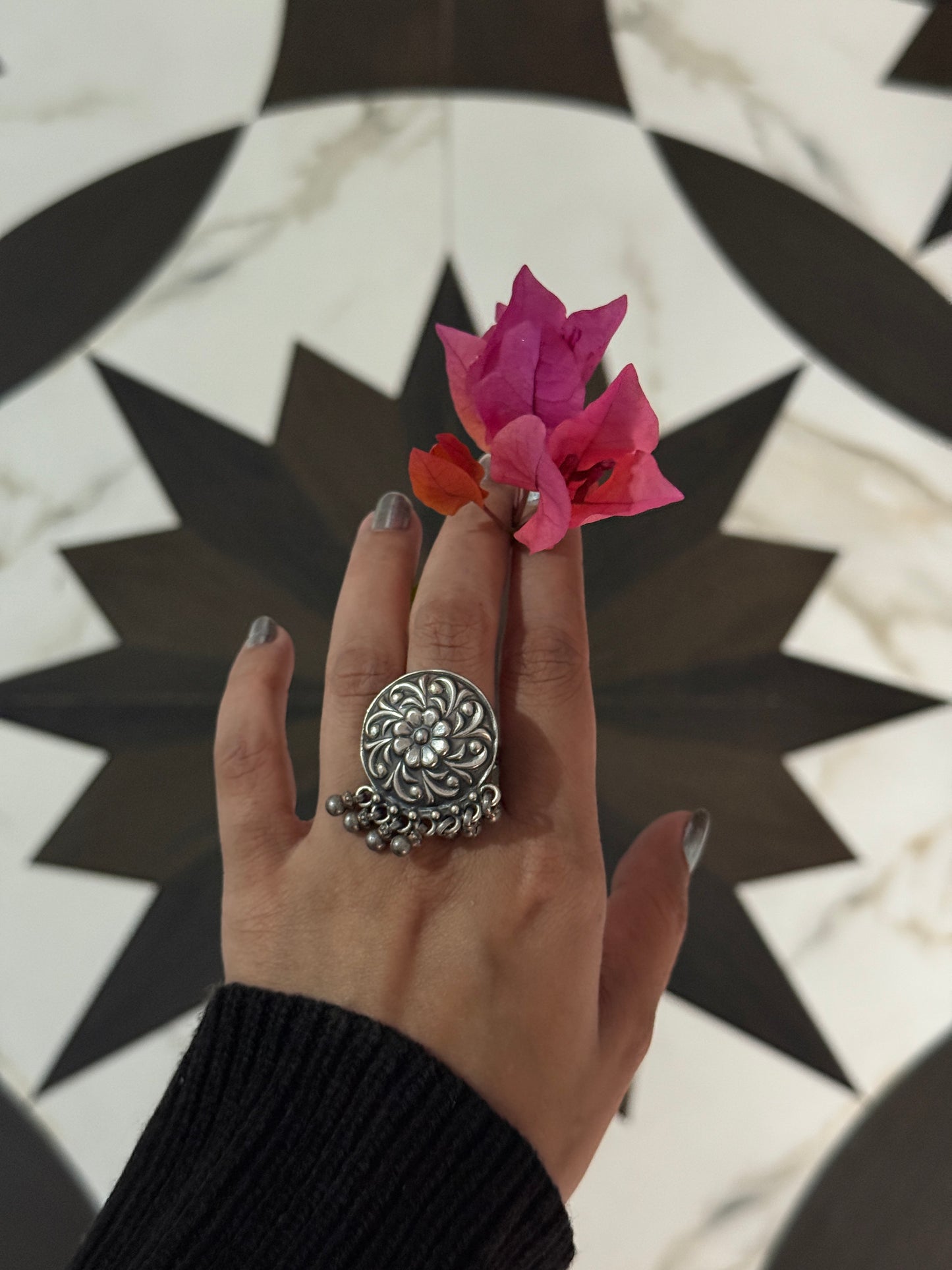 Antique Boho Ghungroo Flower 925 Sterling Silver Ring