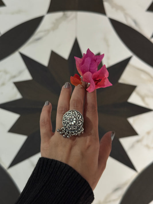 Antique Boho Ghungroo Flower 925 Sterling Silver Ring