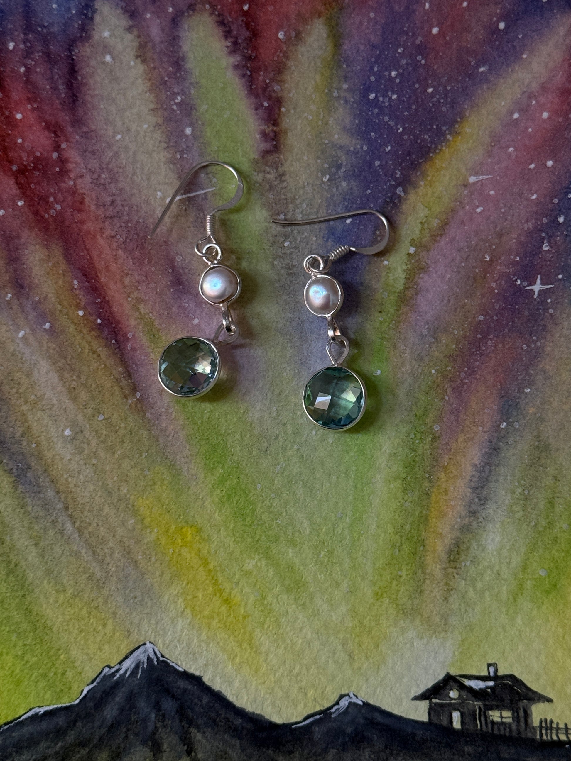 Sterling silver earrings with blue topaz and pearl accents