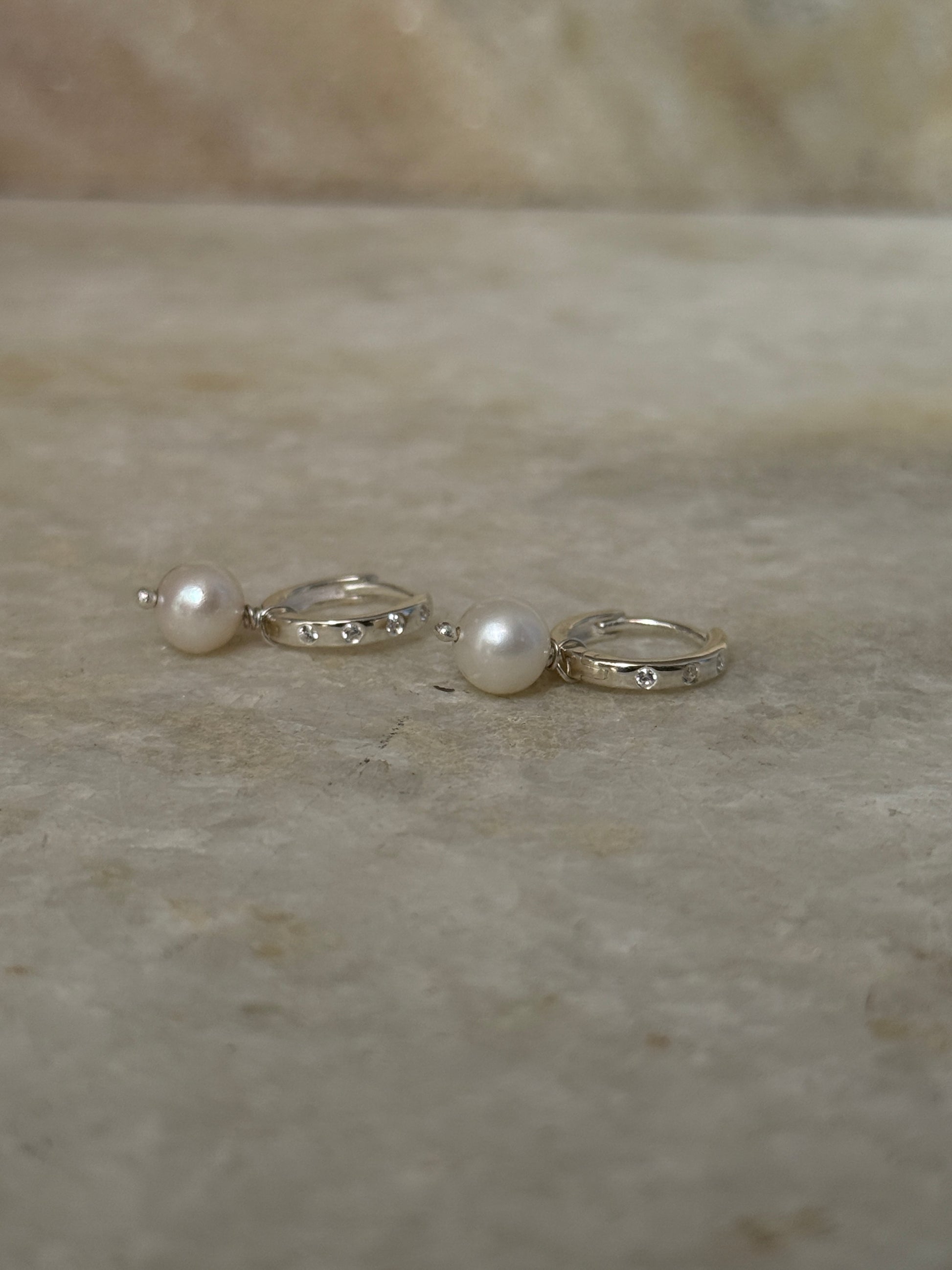 925 Sterling Silver Elegant pearl and CZ hoop earrings