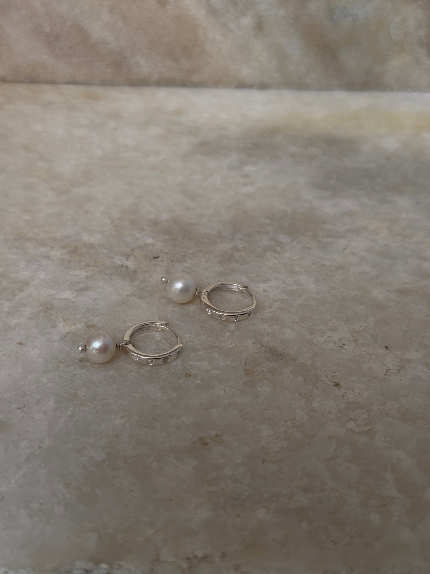 Round pearl CZ embellished 925 Sterling Silver hoops