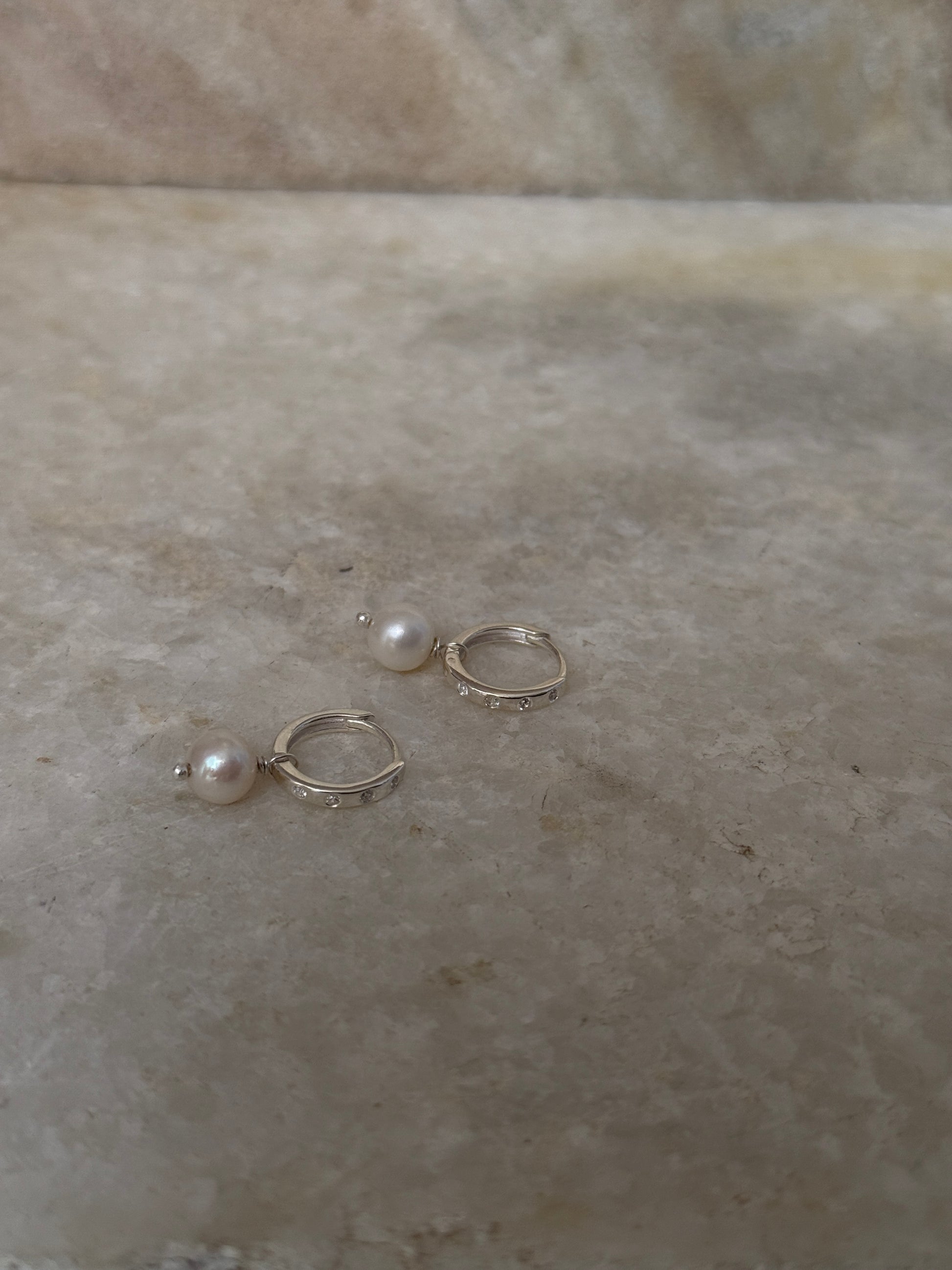 Round pearl CZ embellished 925 Sterling Silver hoops