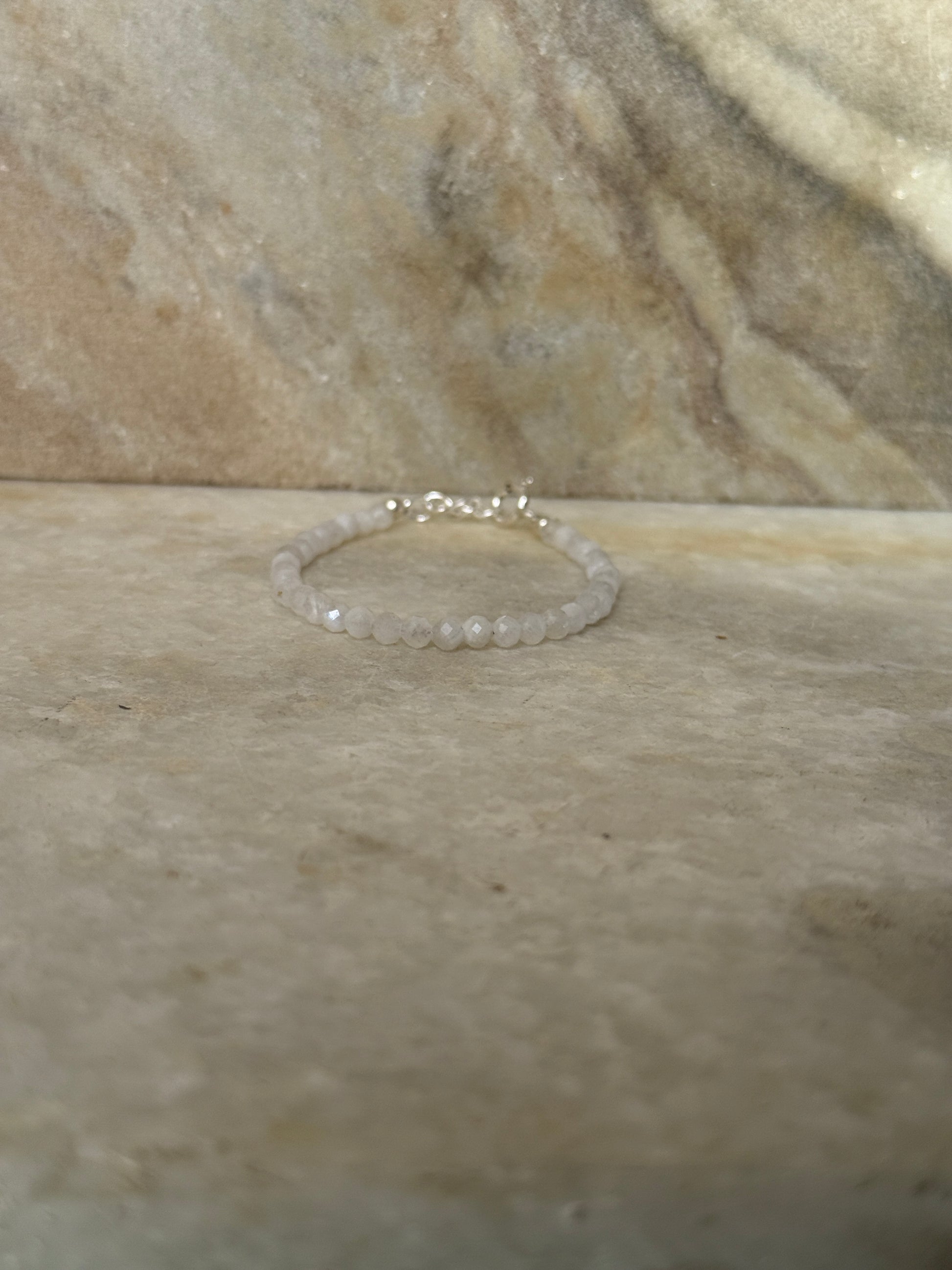 Delicate white moonstone 4mm faceted bead silver bracelet