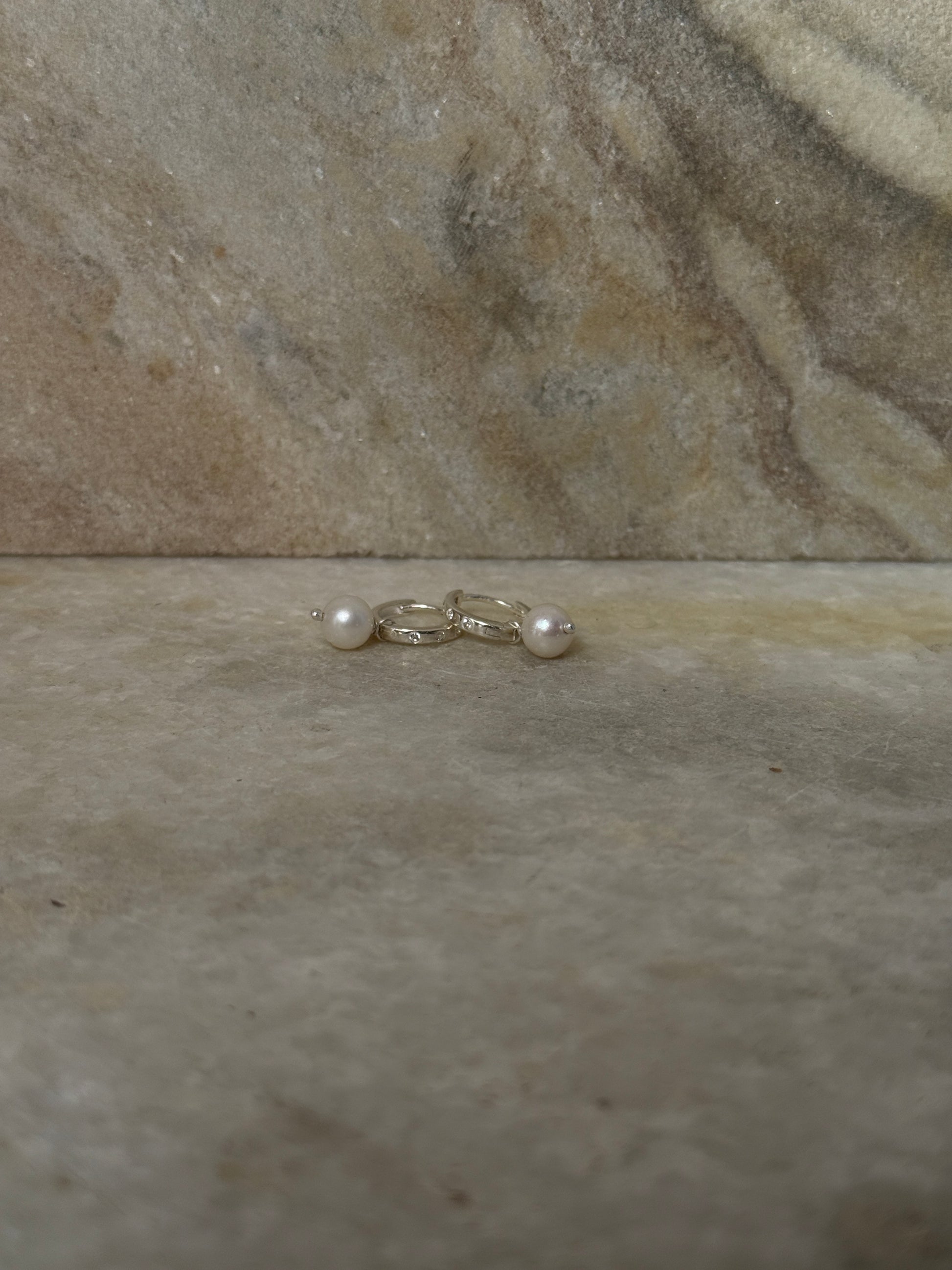 925 Sterling Silver huggies with fresh water pearl and CZ stones