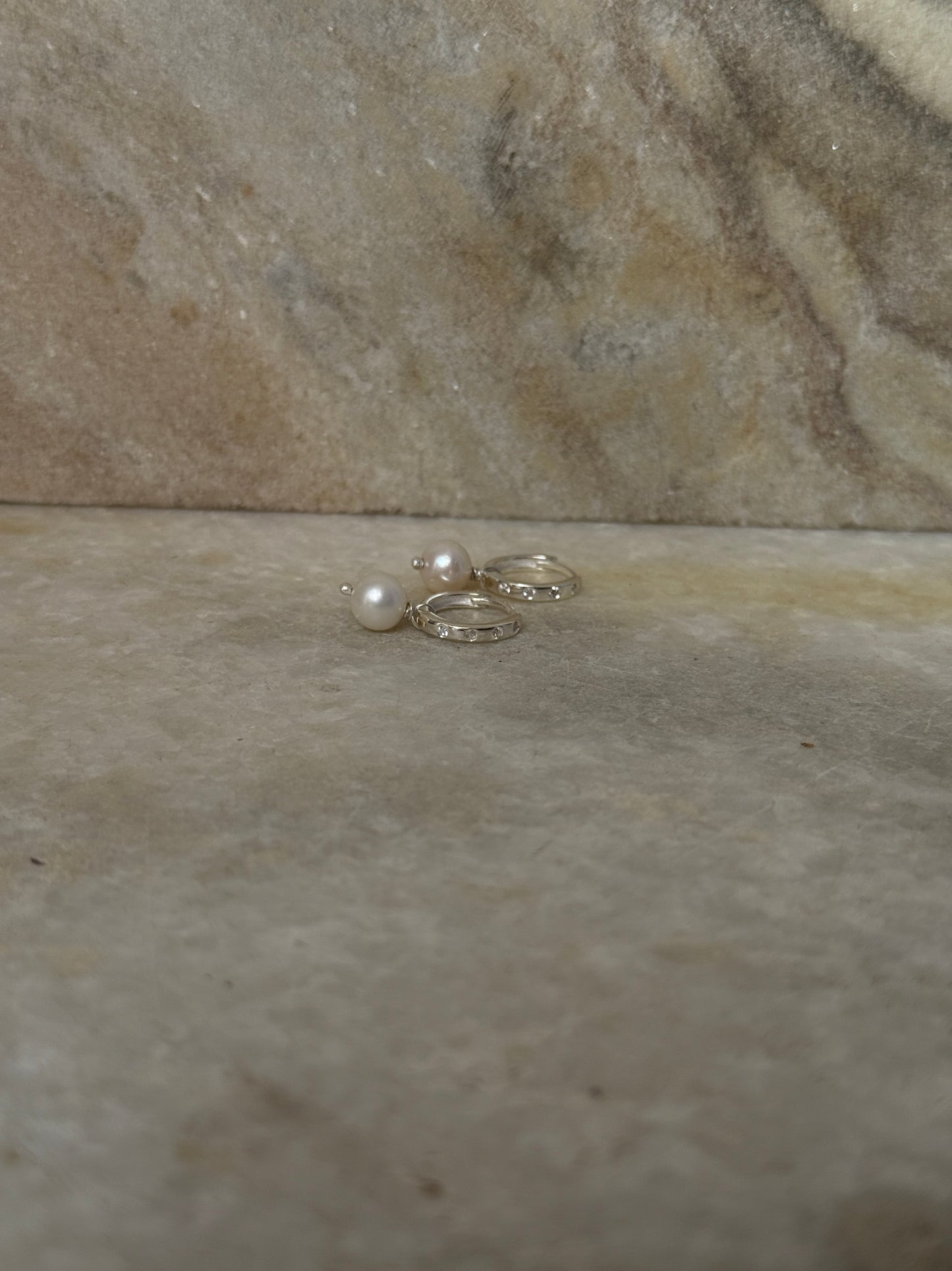 Dainty round pearl CZ 925 sterling silver huggies