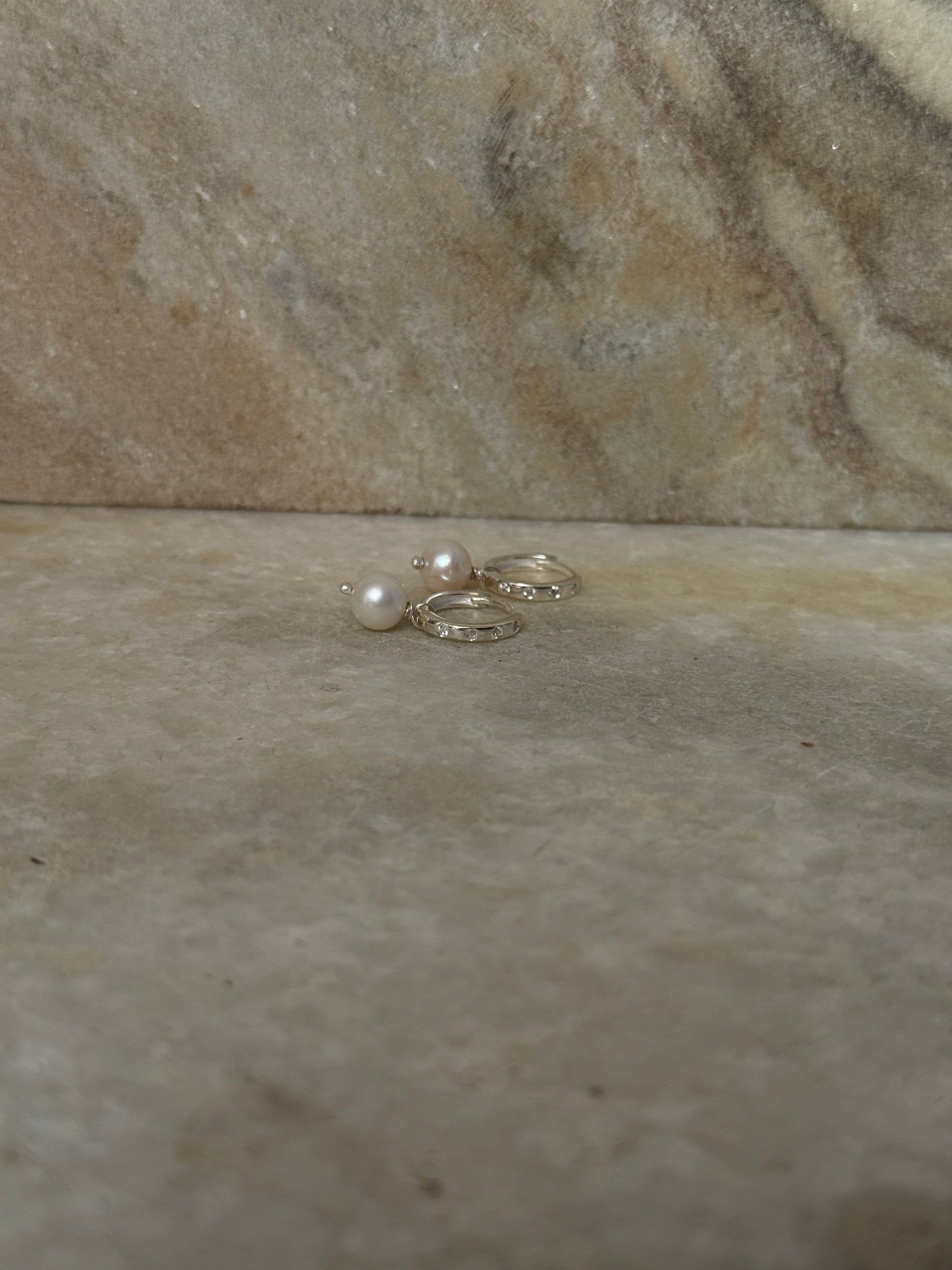 Dainty round pearl CZ 925 sterling silver huggies