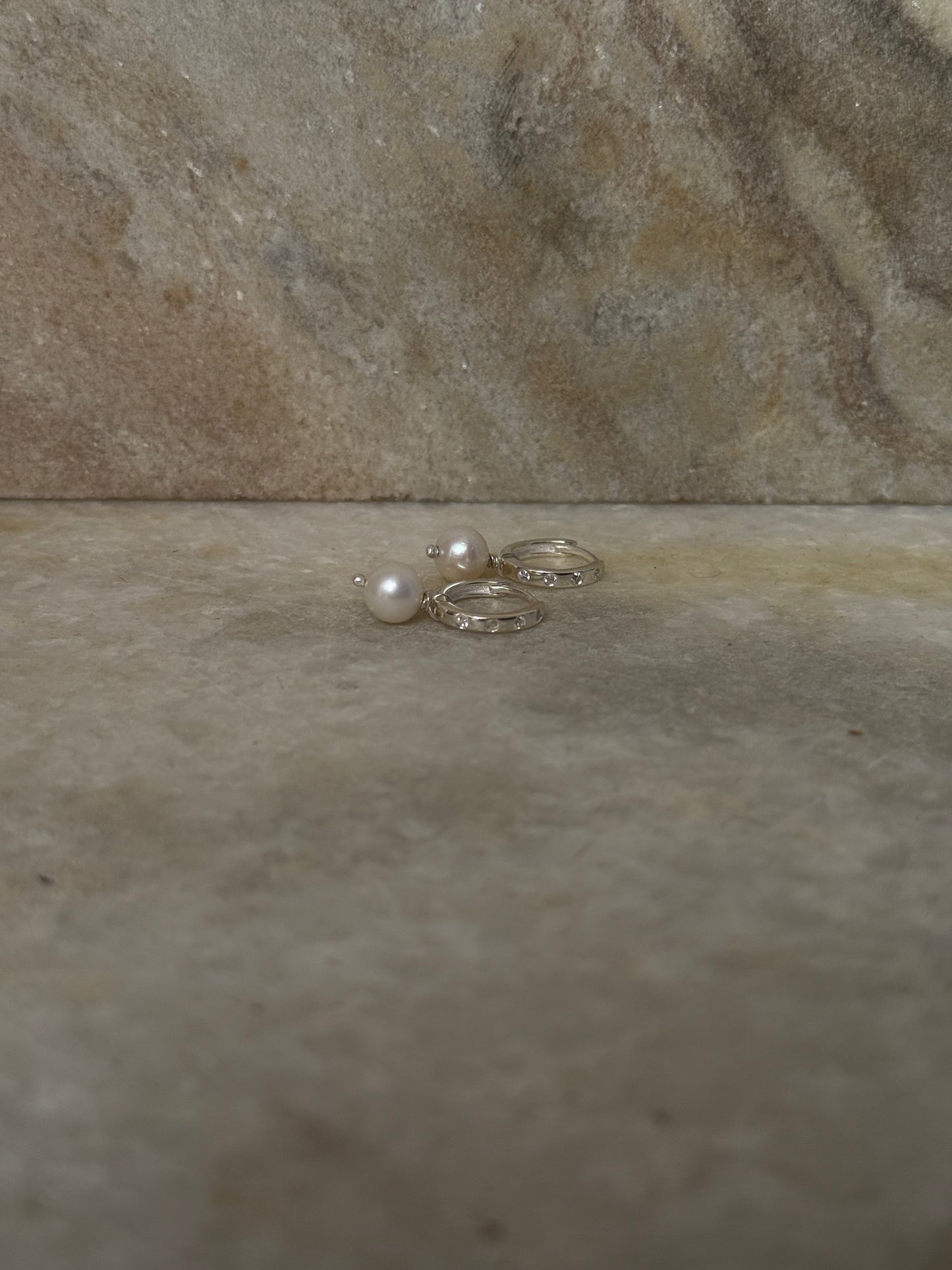 Classic round fresh water pearl CZ 925 sterling silver huggies