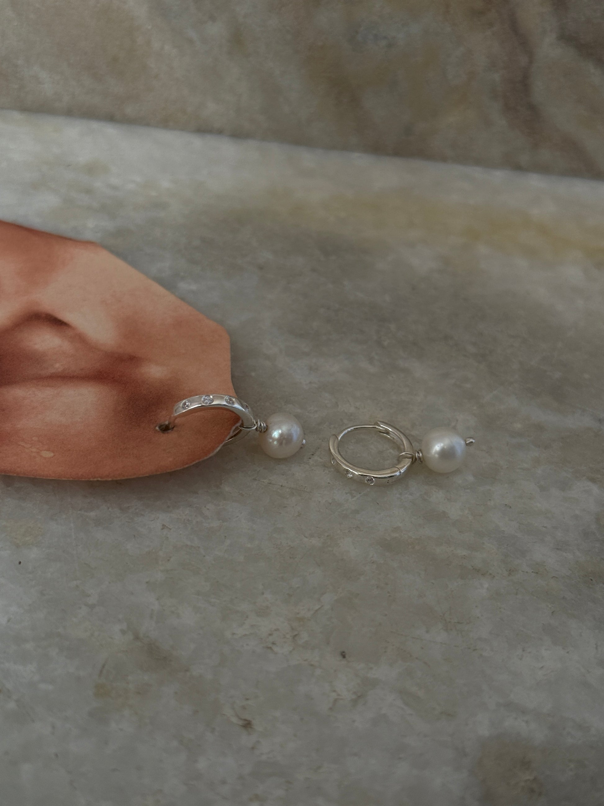 Fresh water pearl CZ huggie hoops in 925 Sterling Silver