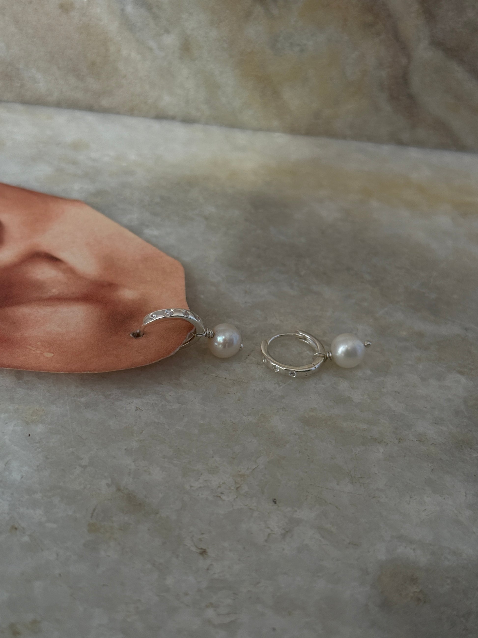 Classic pearl drop CZ 925 Sterling Silver huggie earrings