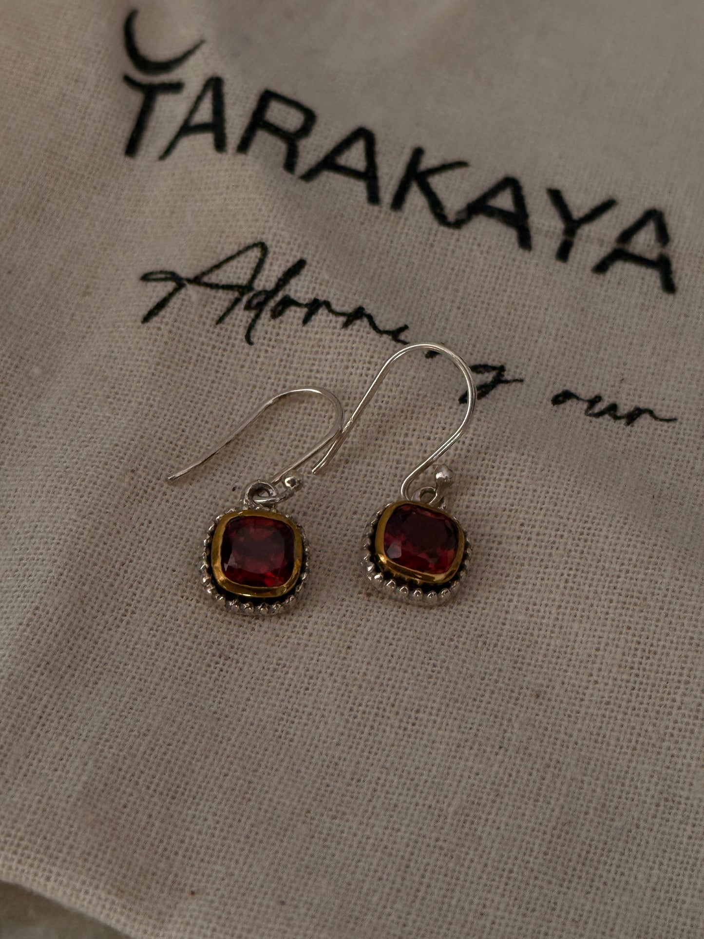 Boho square garnet gemstone earrings in sterling silver
