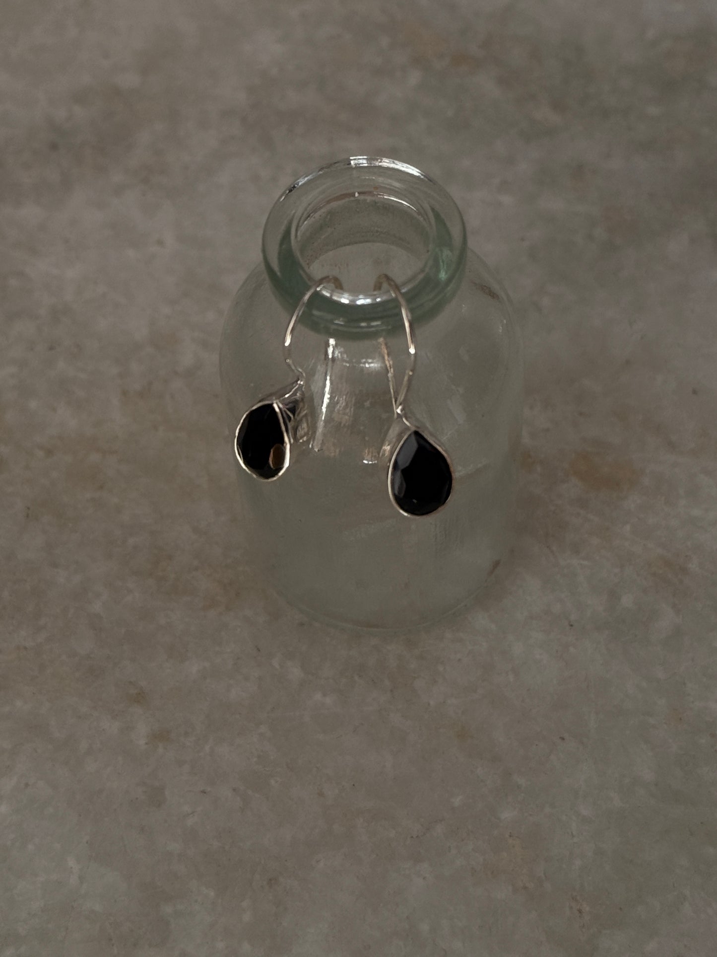 Black onyx gemstone pear drop silver hook earrings