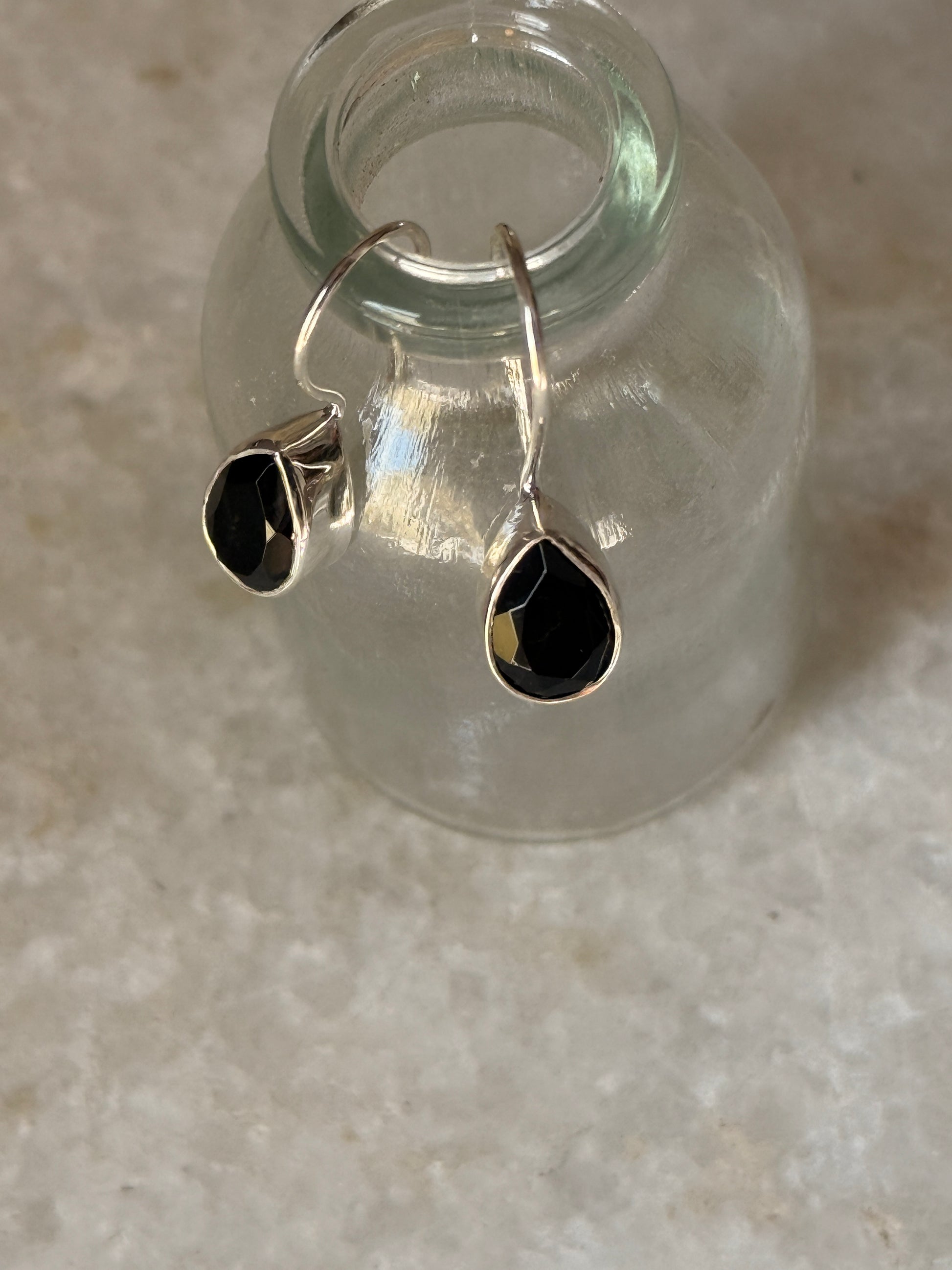 Handcrafted black onyx pear hook silver earrings