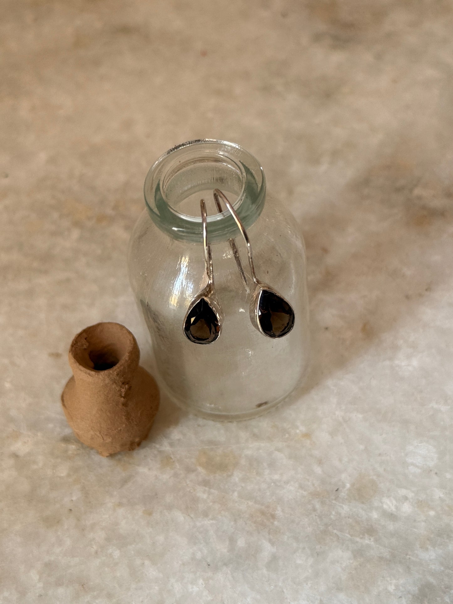 Pear-shaped smokey quartz hook earrings in sterling silver