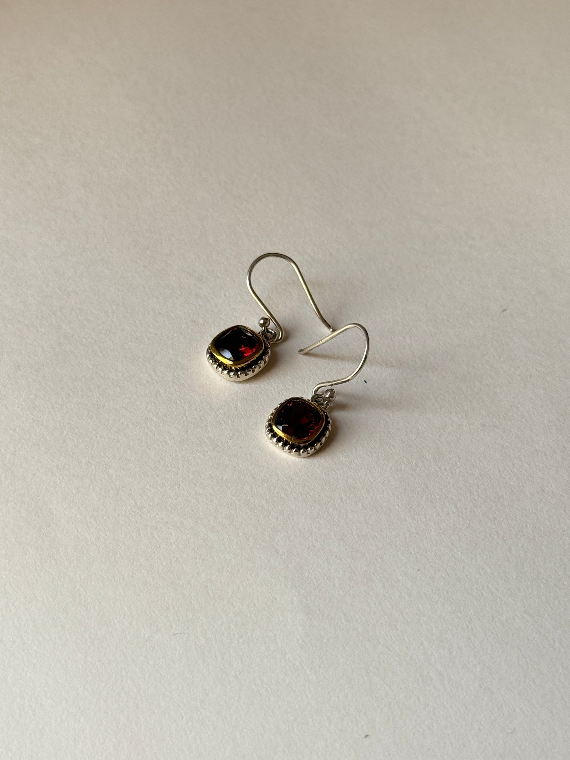 Garnet square drop boho style silver earrings