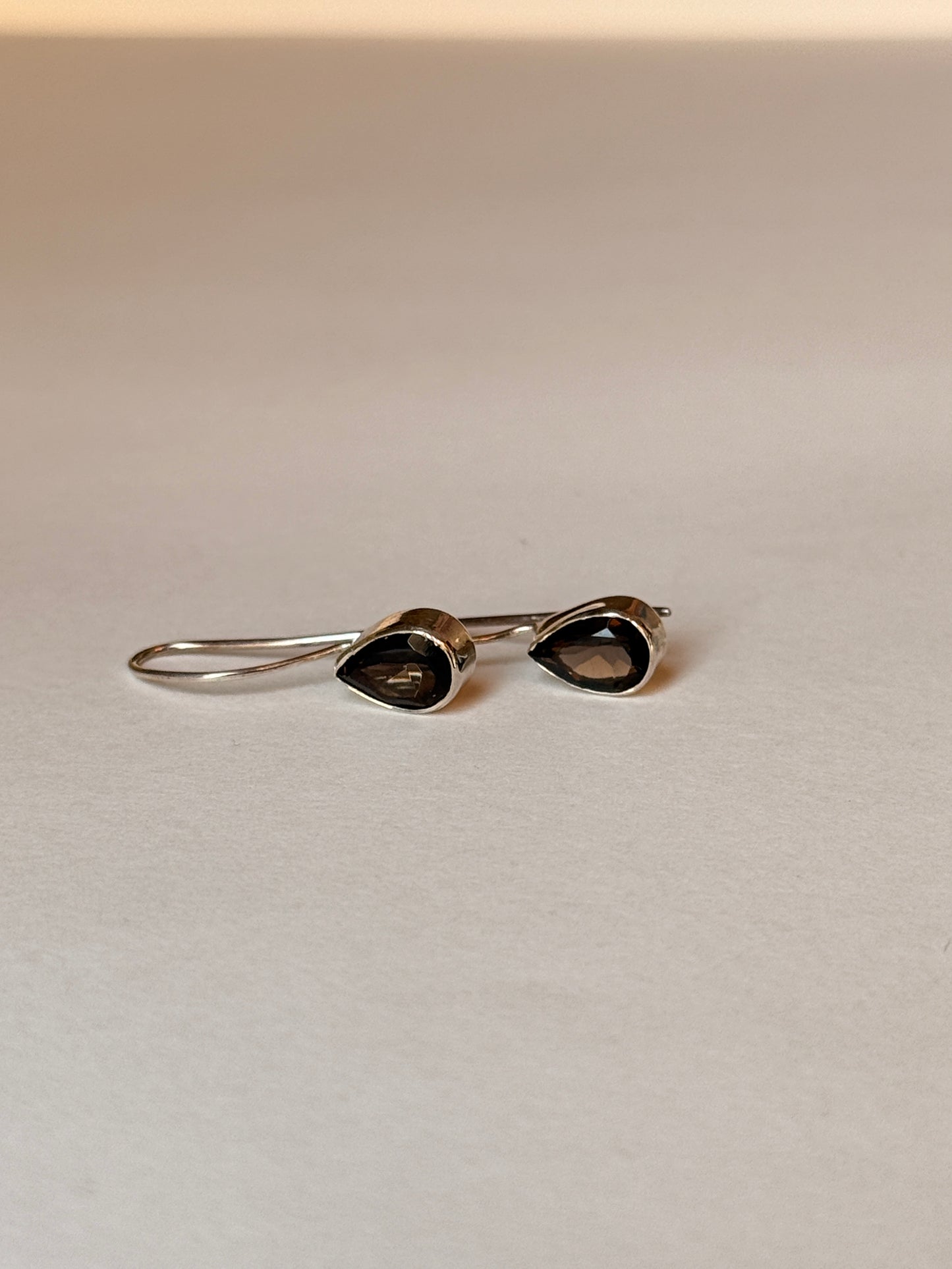 Smokey quartz gemstone pear drop silver hook earrings
