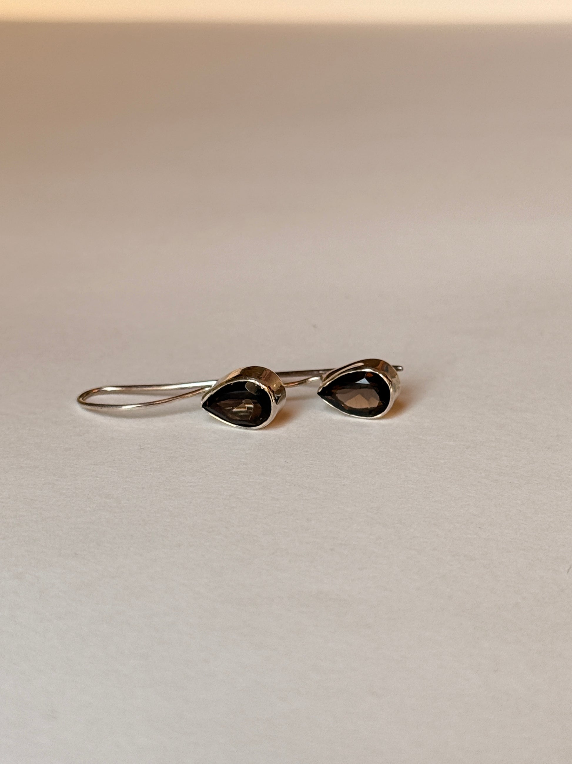 Smokey quartz gemstone pear drop silver hook earrings