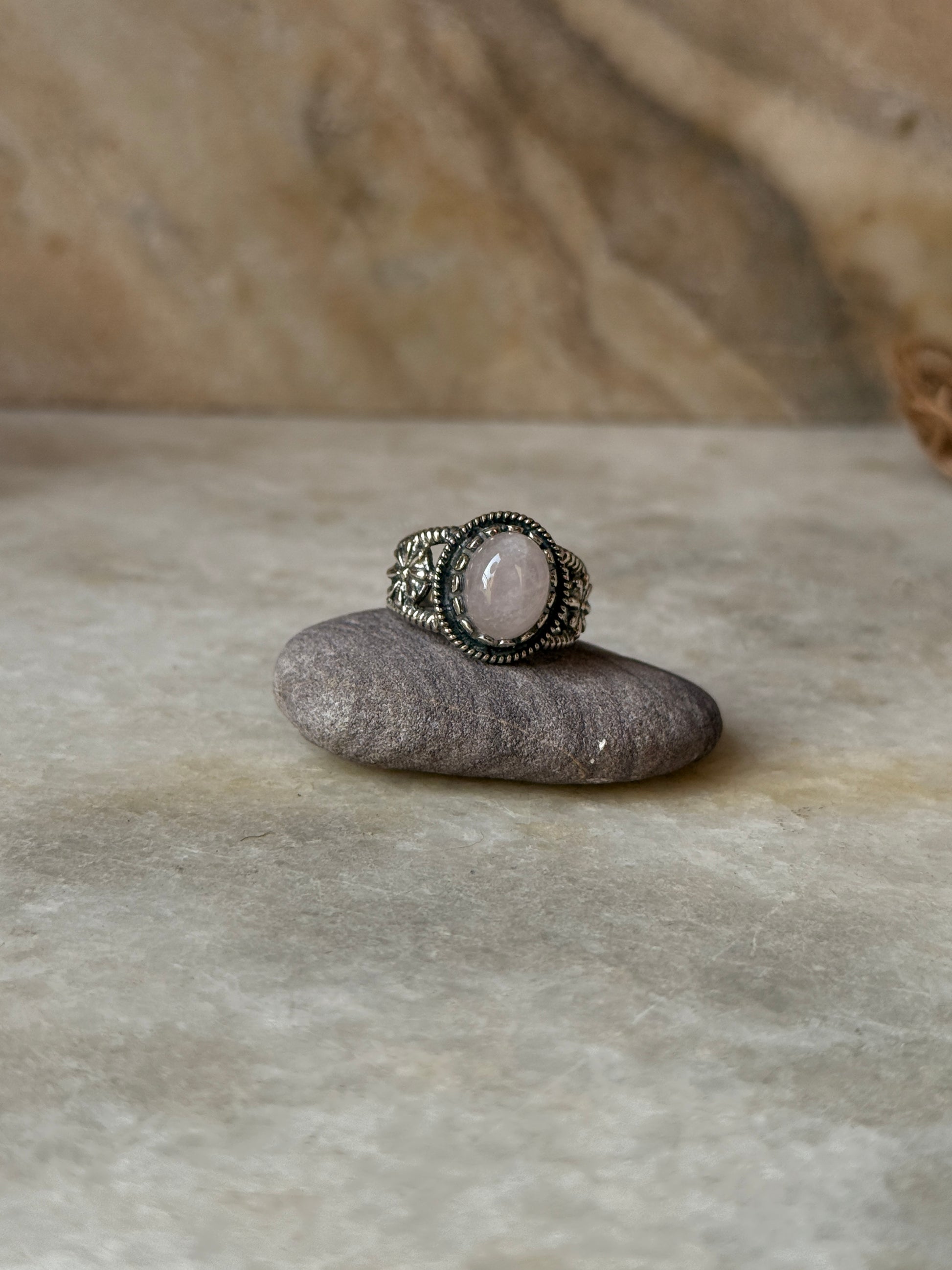 925 sterling silver rose quartz oval boho ring  