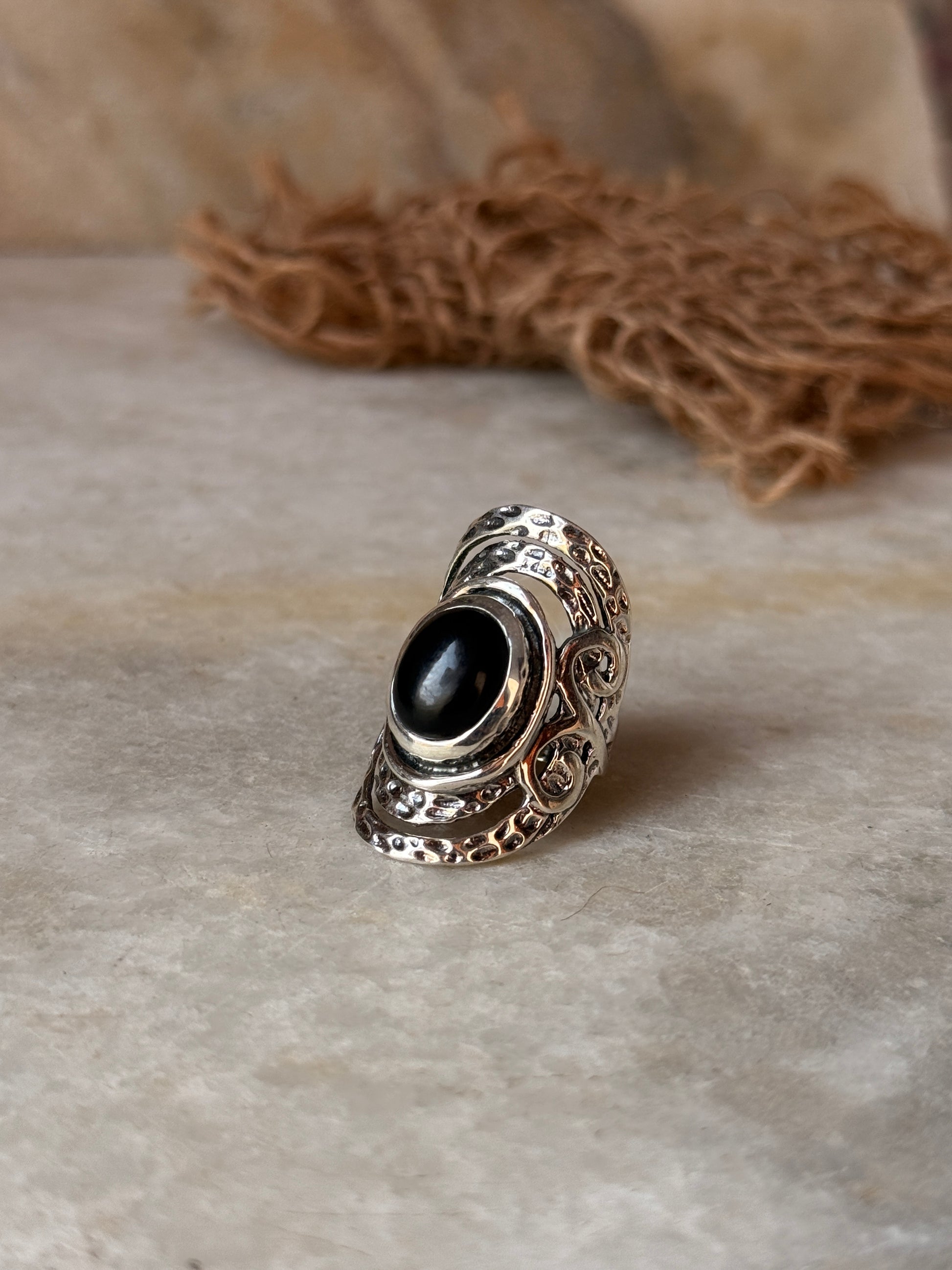 classic 925 sterling silver hammered black onyx statement ring