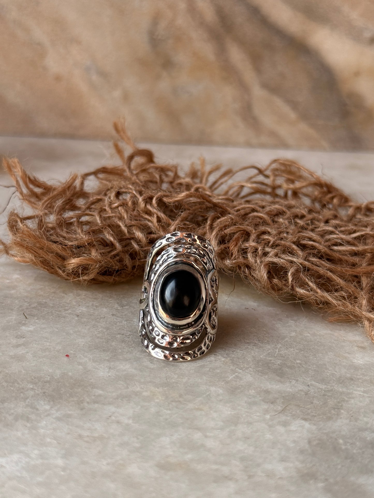 handcrafted 925 sterling silver hammered black onyx ring