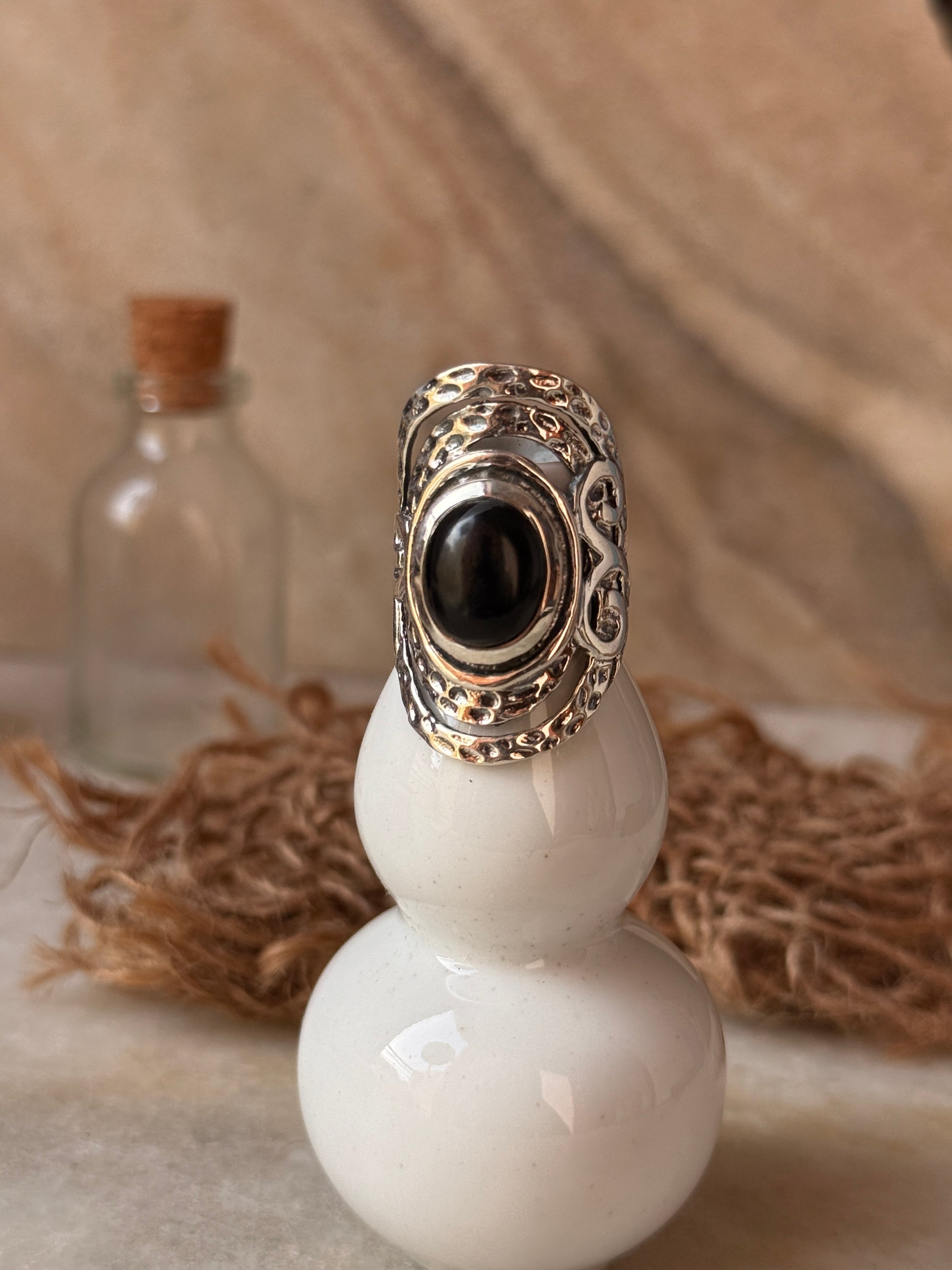 925 sterling silver hammered black onyx statement contemporary ring  