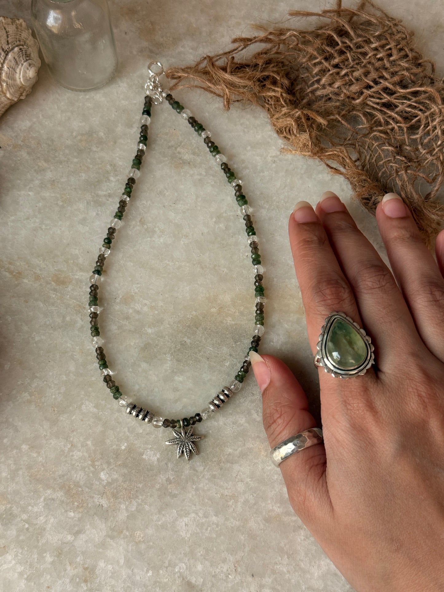 Statement smokey quartz, emerald, and marijuana necklace in 925 sterling silver