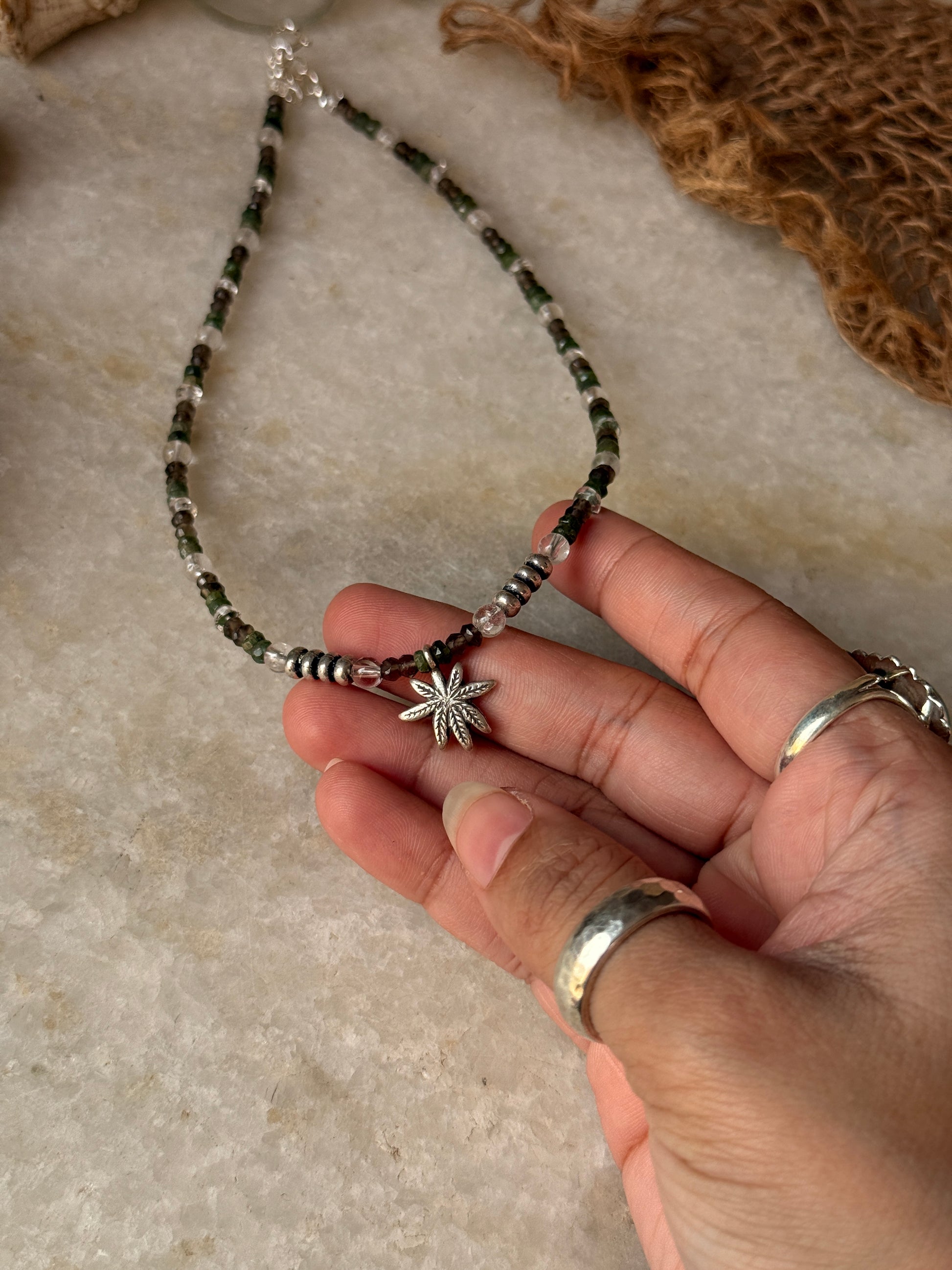 925 Sterling silver necklace with smokey quartz, emerald, and marijuana pendant