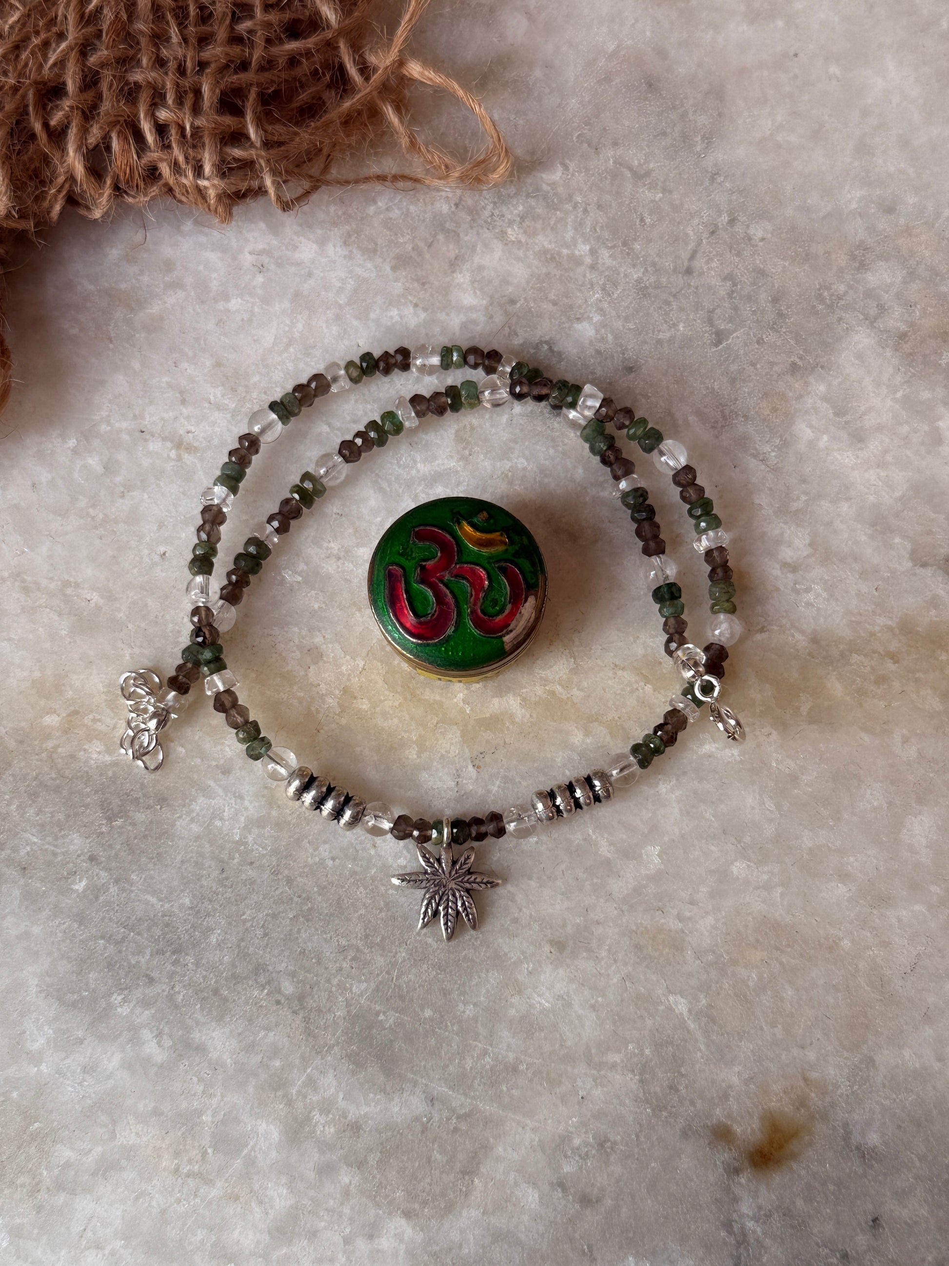 925 sterling silver marijuana charm necklace with smokey quartz and emerald stones