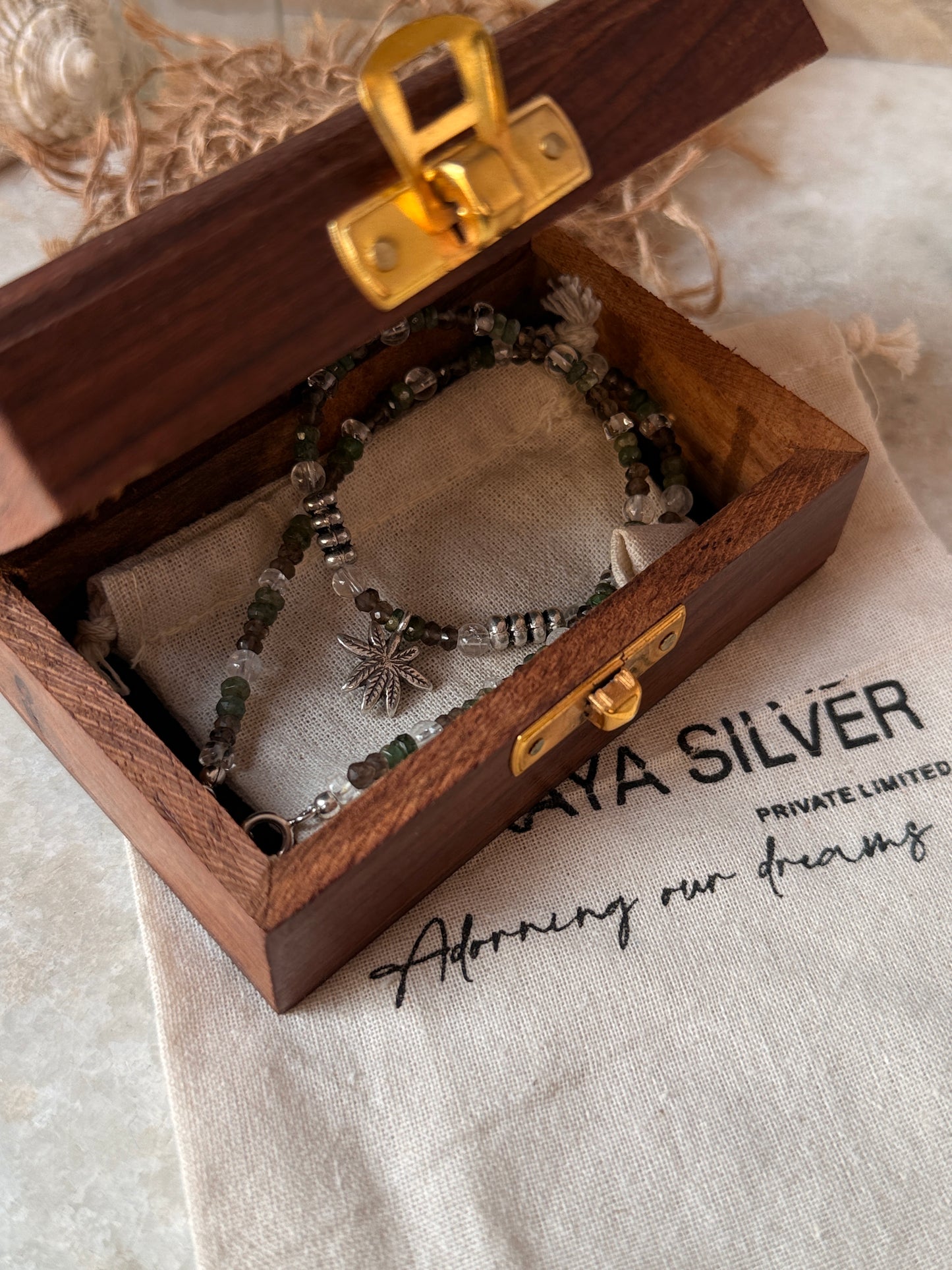 Minimalist 925 sterling silver marijuana necklace with smokey quartz and emerald  