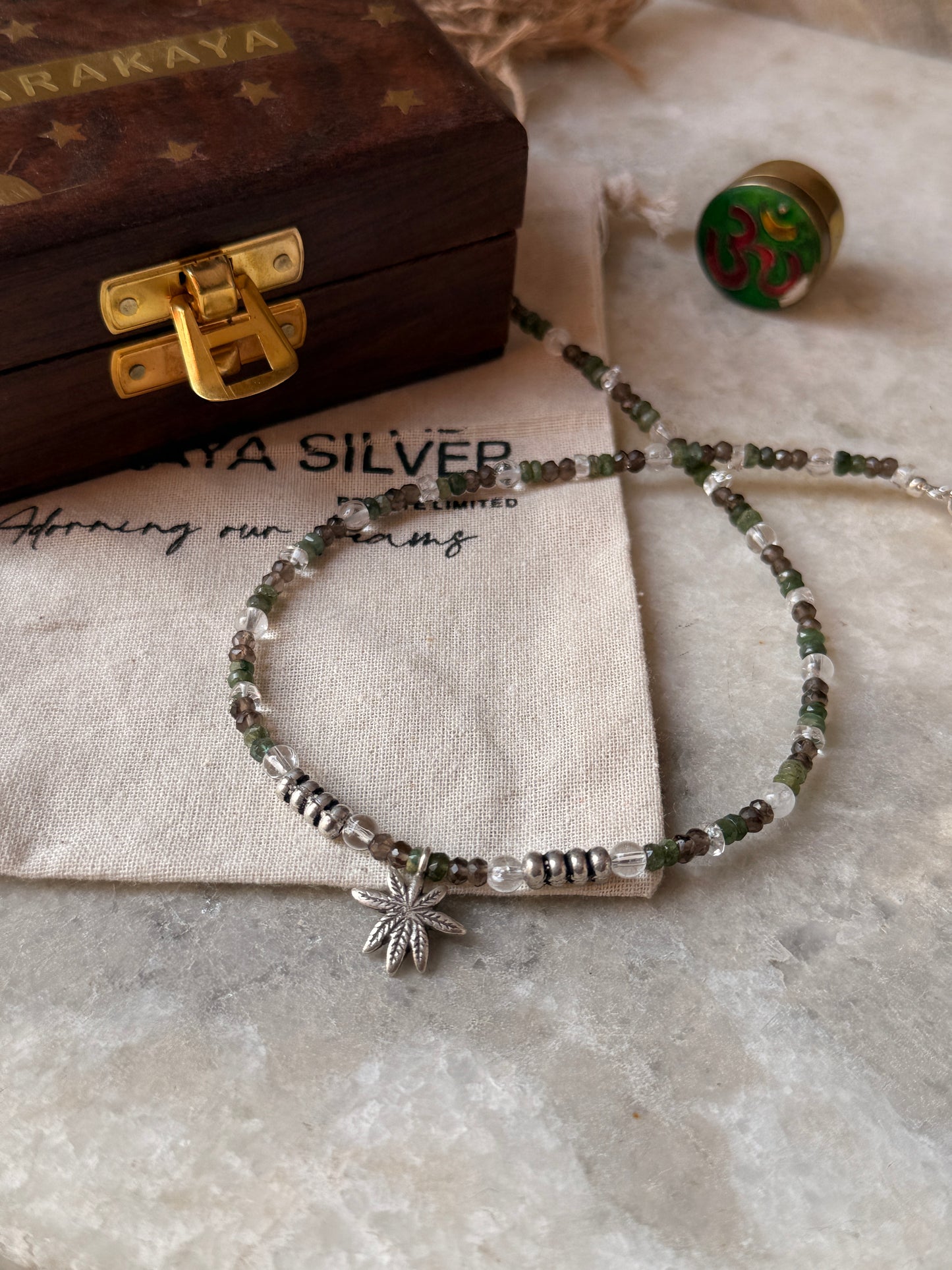 925 Sterling silver marijuana pendant necklace with smokey quartz and emerald accents