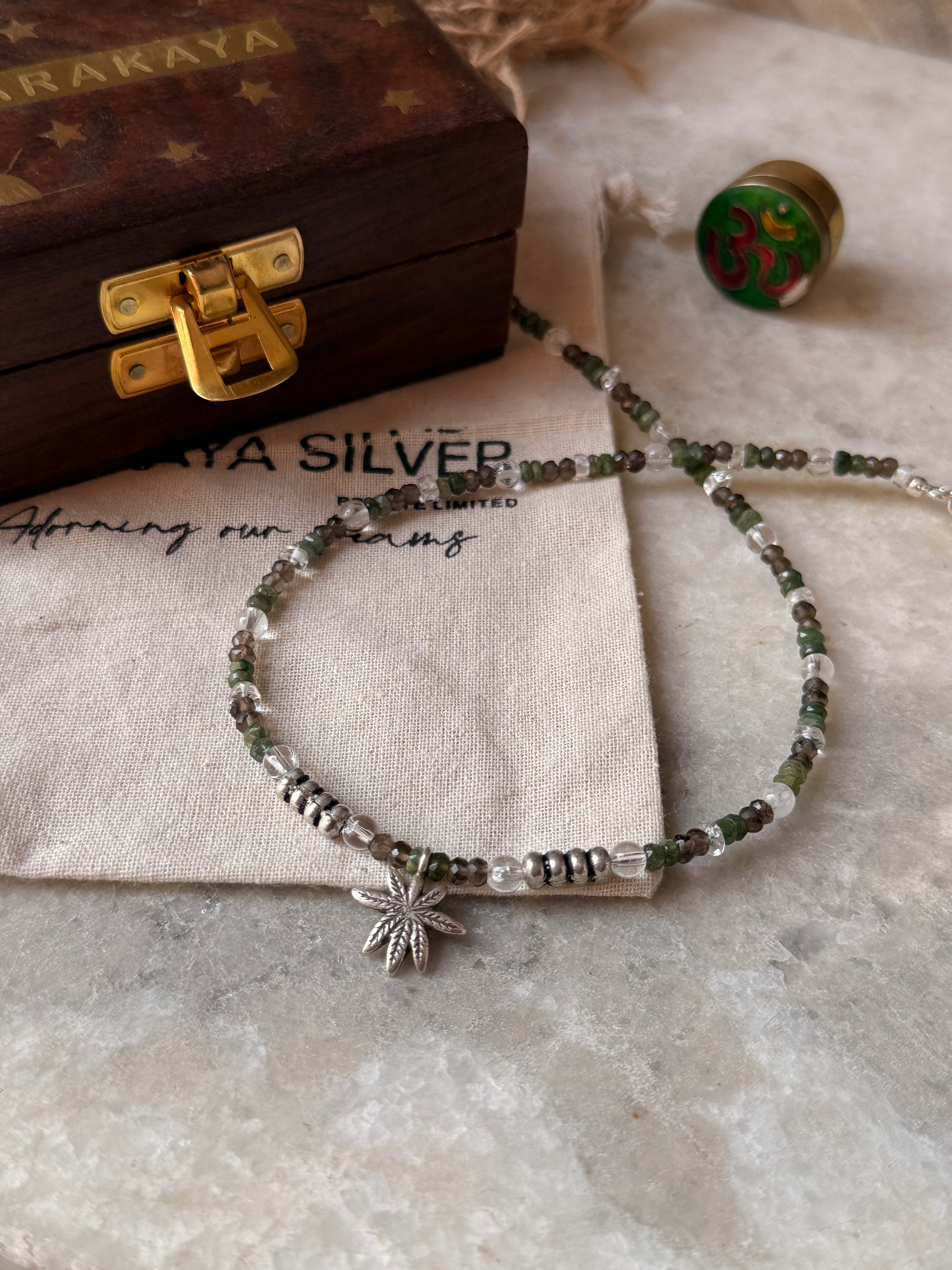 925 Sterling silver marijuana pendant necklace with smokey quartz and emerald accents