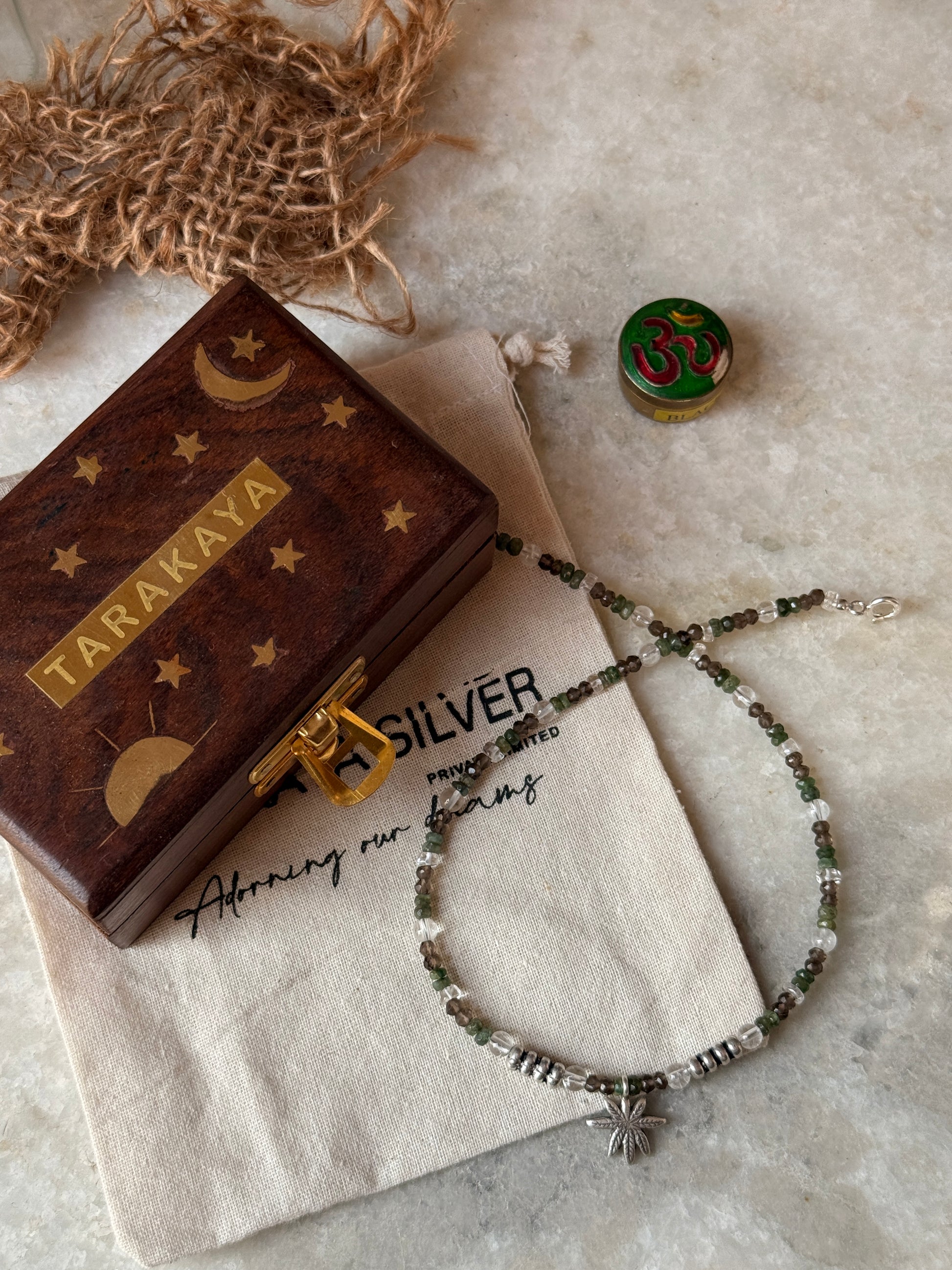 925 sterling silver marijuana charm necklace with smokey quartz and emerald stones