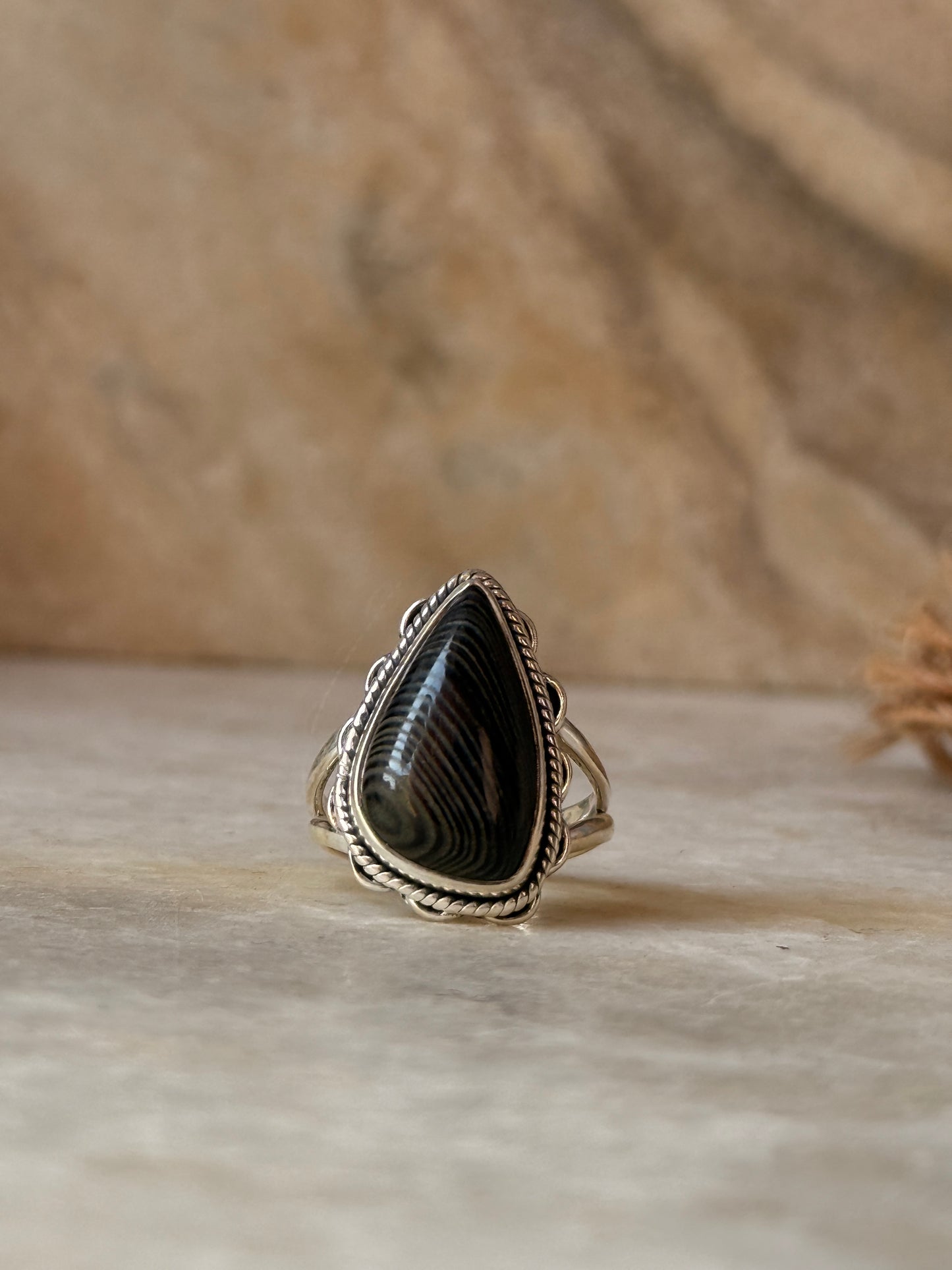 natural psilomelane 925 sterling silver flower ring  