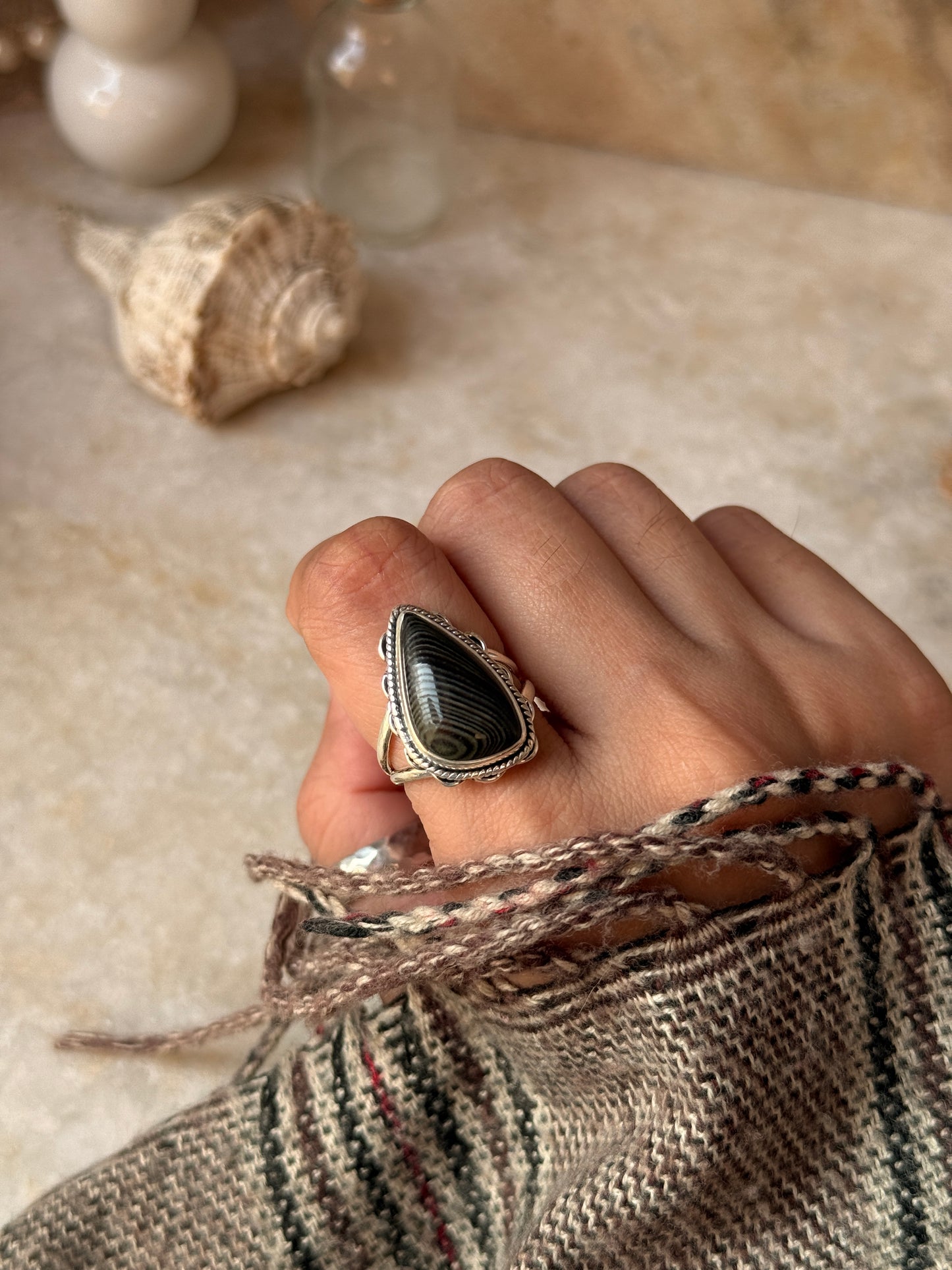 artisan 925 sterling silver psilomelane flower ring