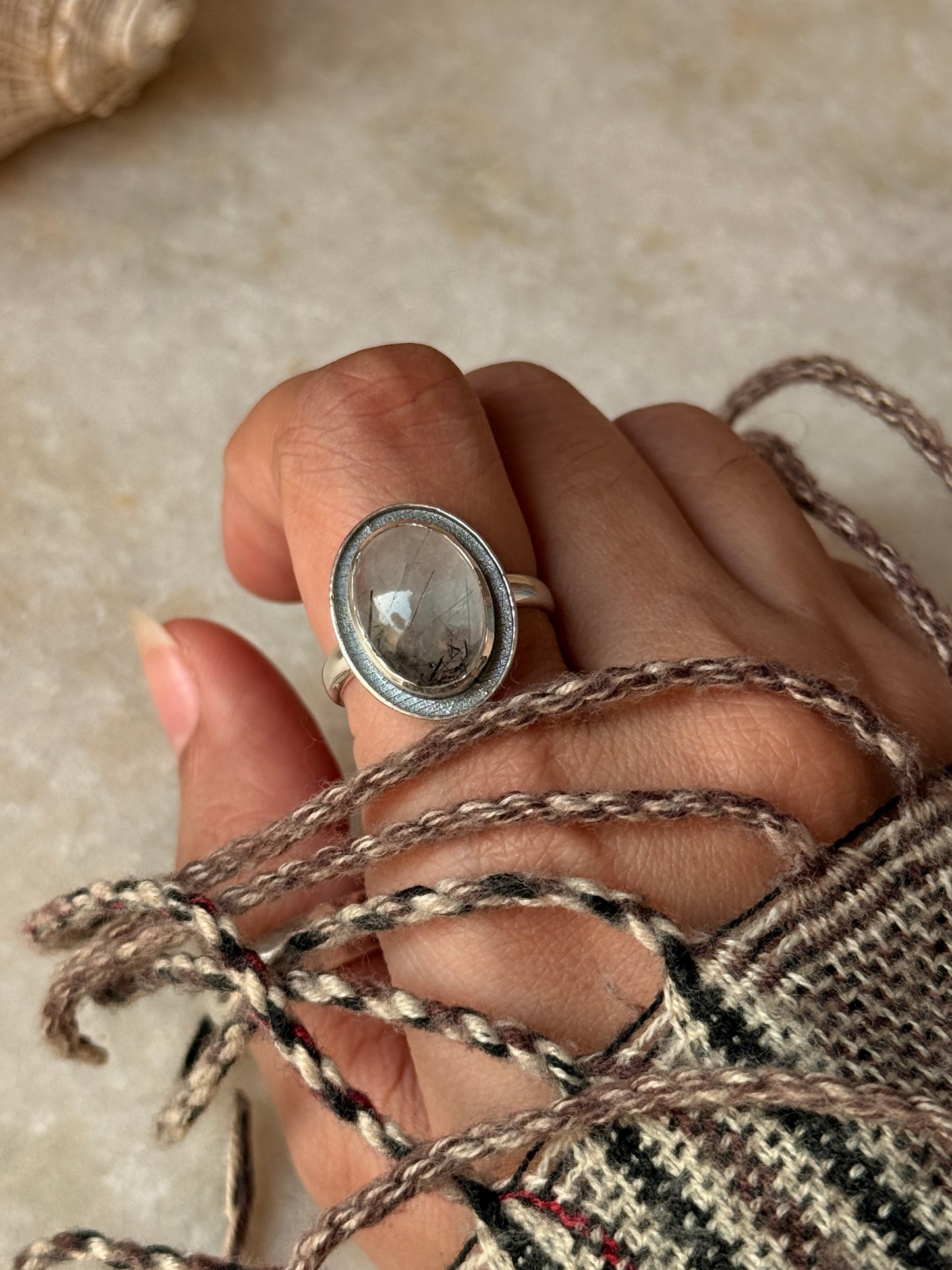 natural black rutilated quartz gemstone 925 sterling silver ring