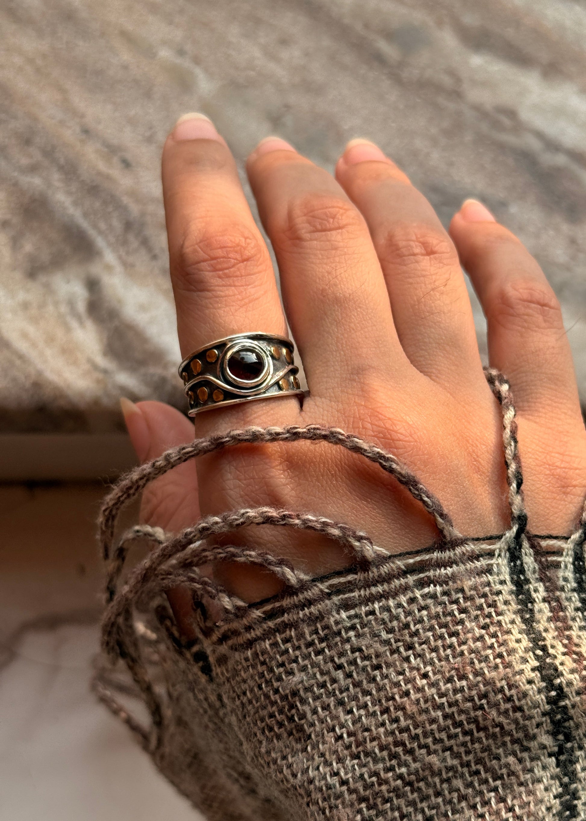 natural garnet gemstone 925 Sterling Silver rustic fusion statement ring