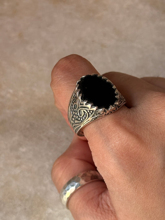 925 sterling silver black onyx Turkish detailed statement band ring  