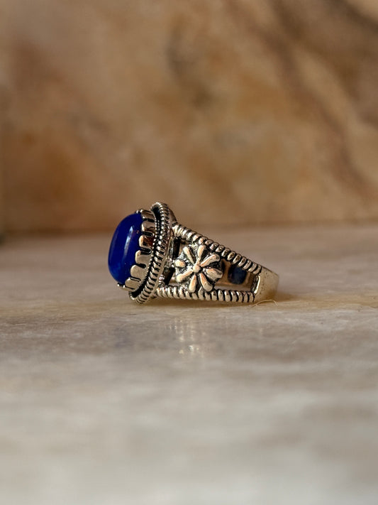 925 sterling silver lapis lazuli vintage flower detailed band ring  
