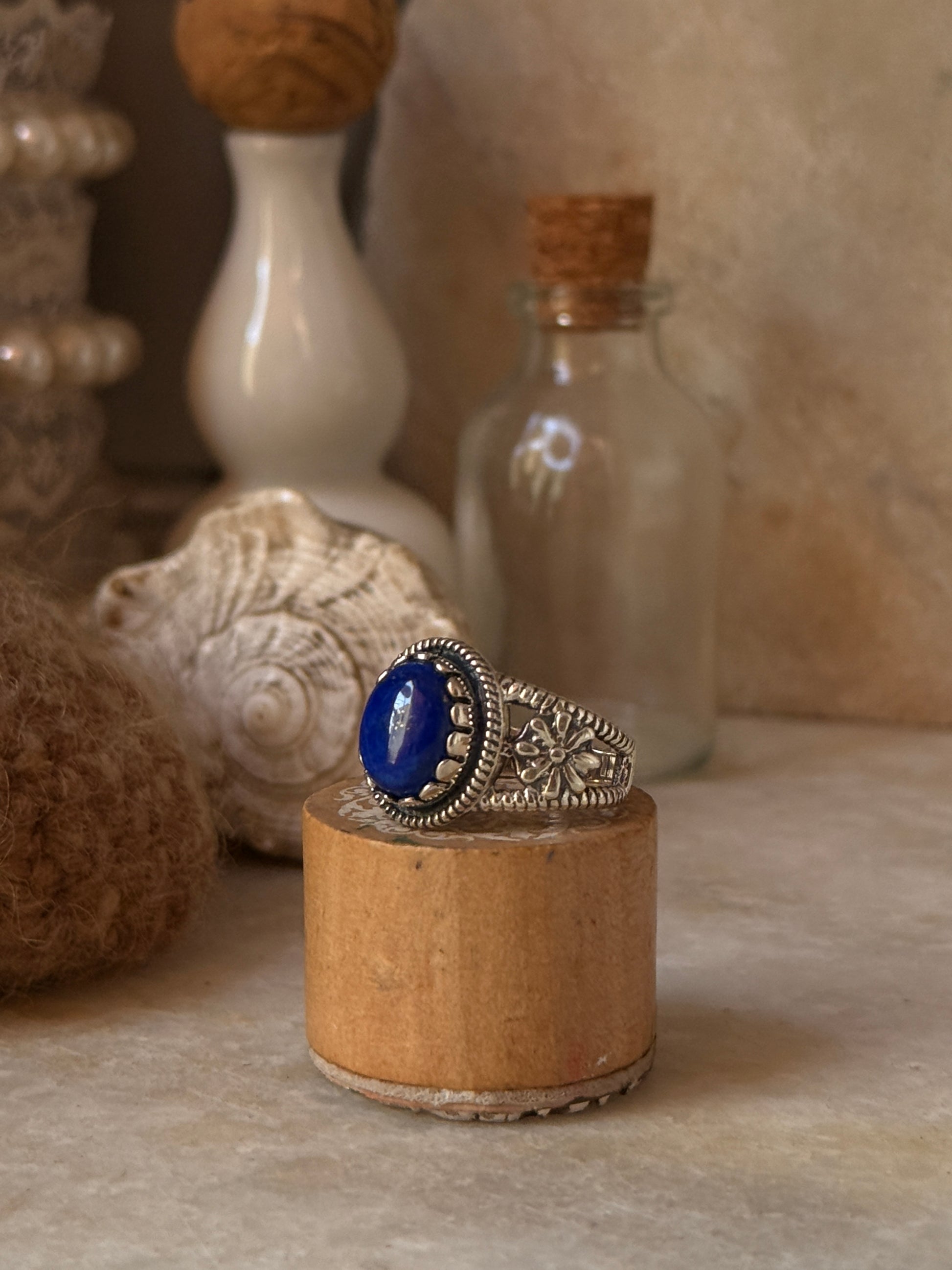 boho style 925 sterling silver lapis lazuli floral band ring