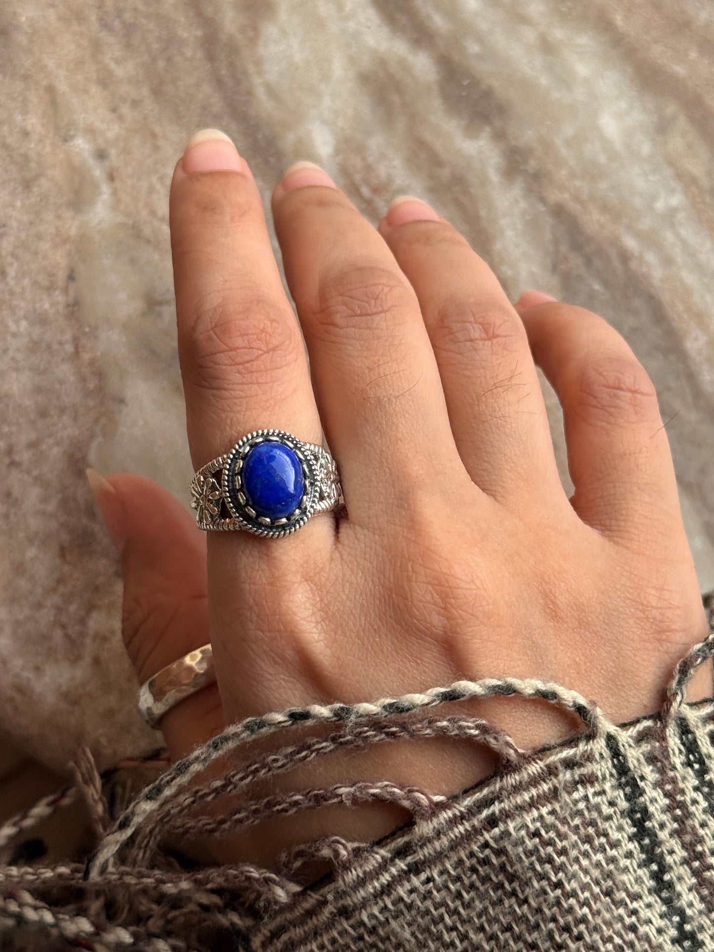 natural lapis lazuli gemstone 925 sterling silver vintage flower ring