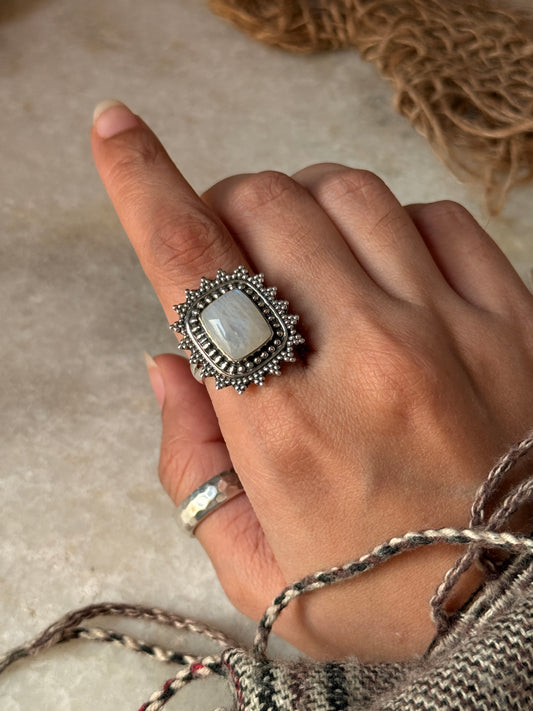 adjustable boho 925 sterling silver moonstone square ring