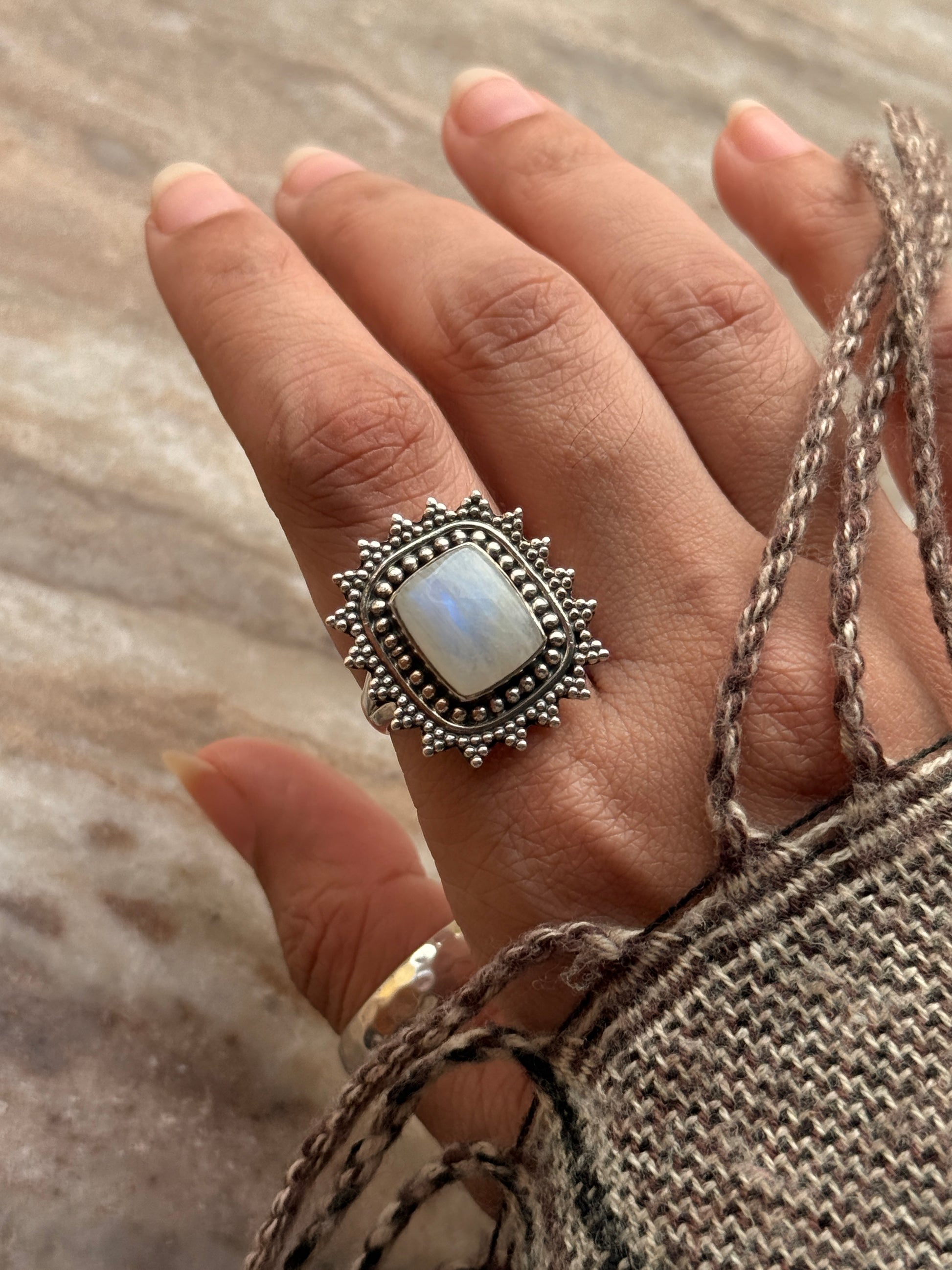 bohemian style 925 sterling silver moonstone square statement ring