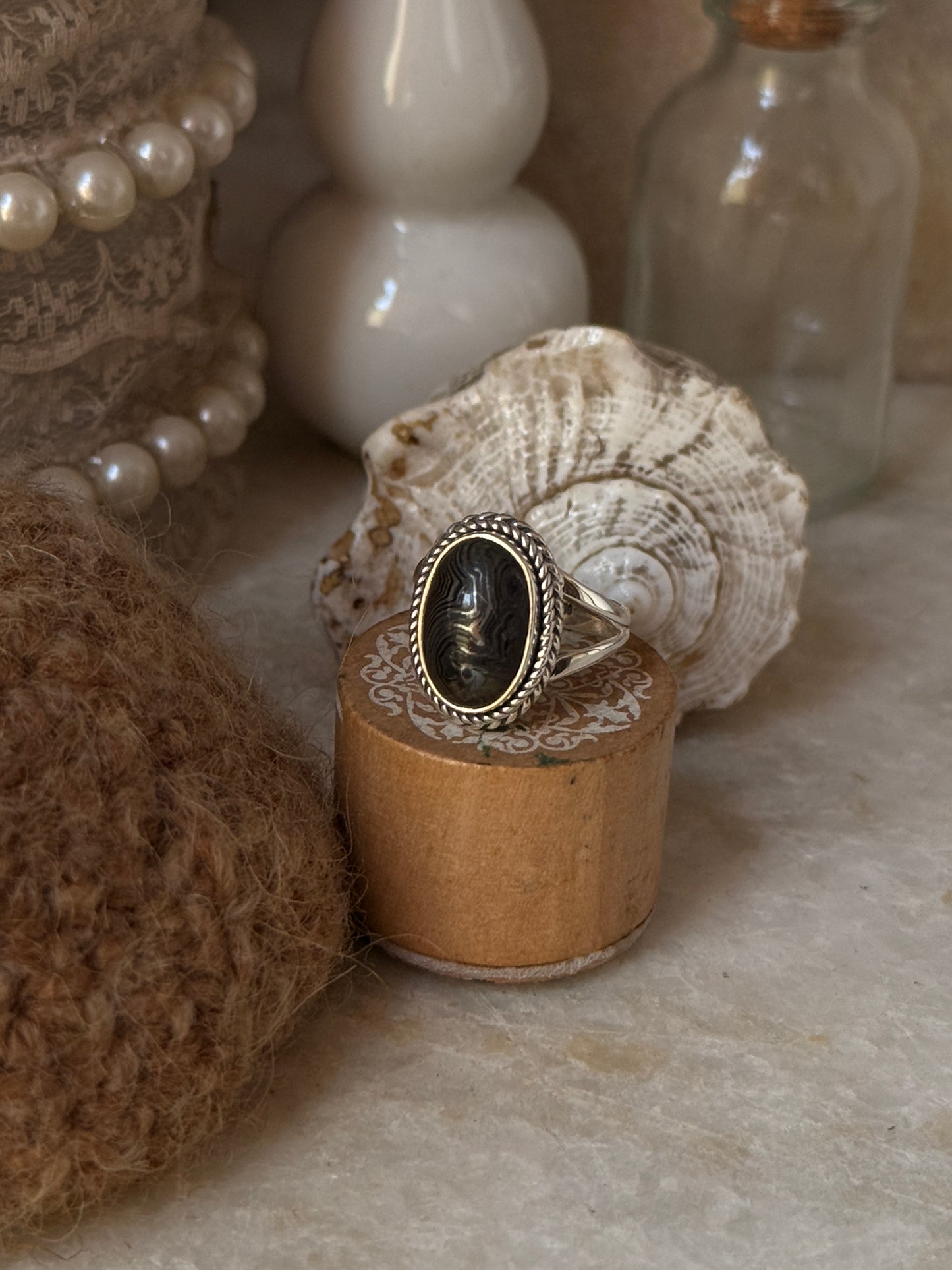 handcrafted 925 sterling silver psilomelane rope oval gemstone ring