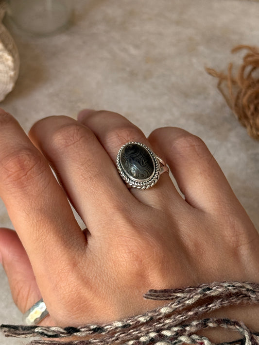 natural psilomelane oval 925 sterling silver rope ring