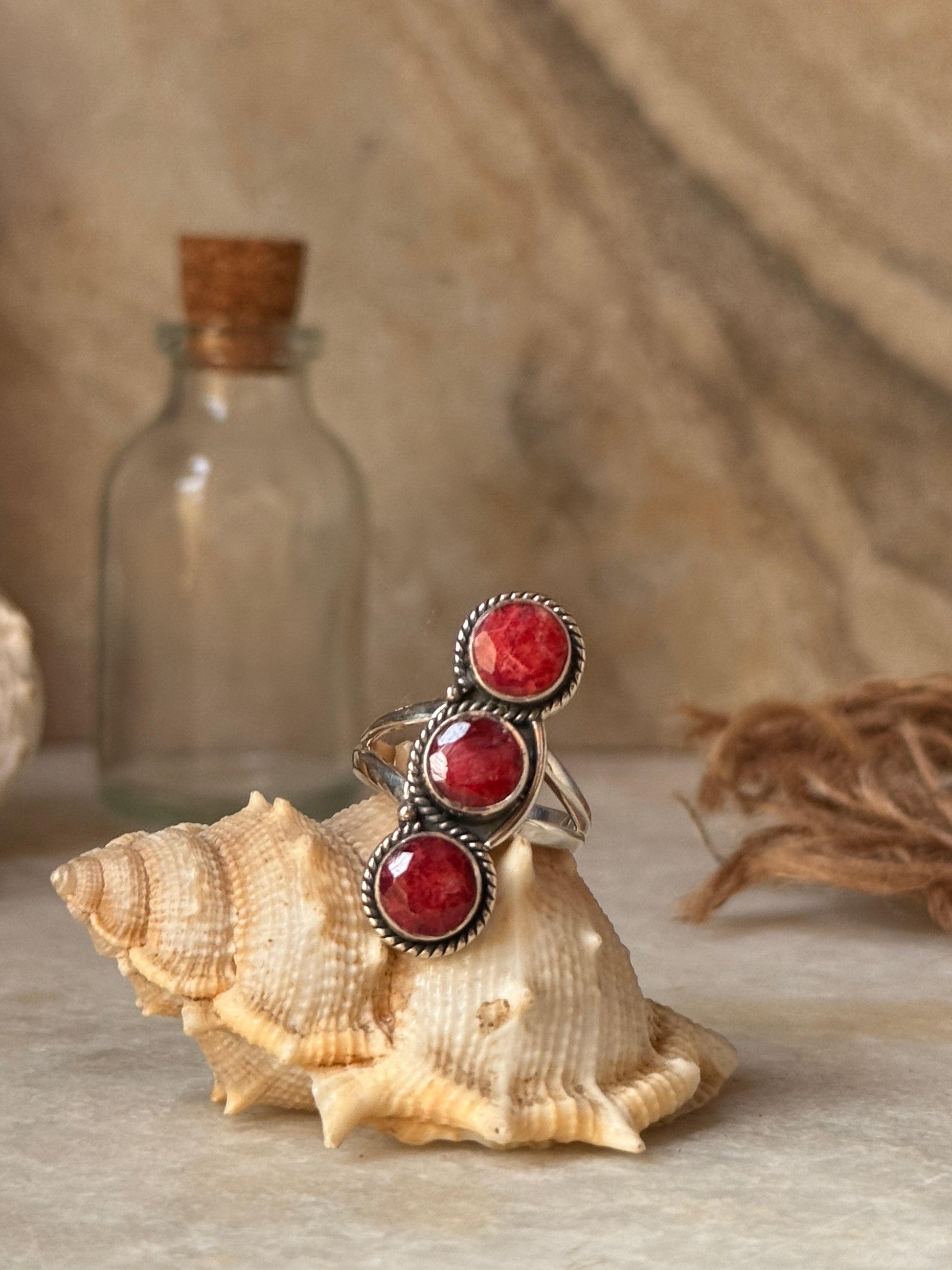 925 sterling silver dyed ruby 3 stone boho statement ring  