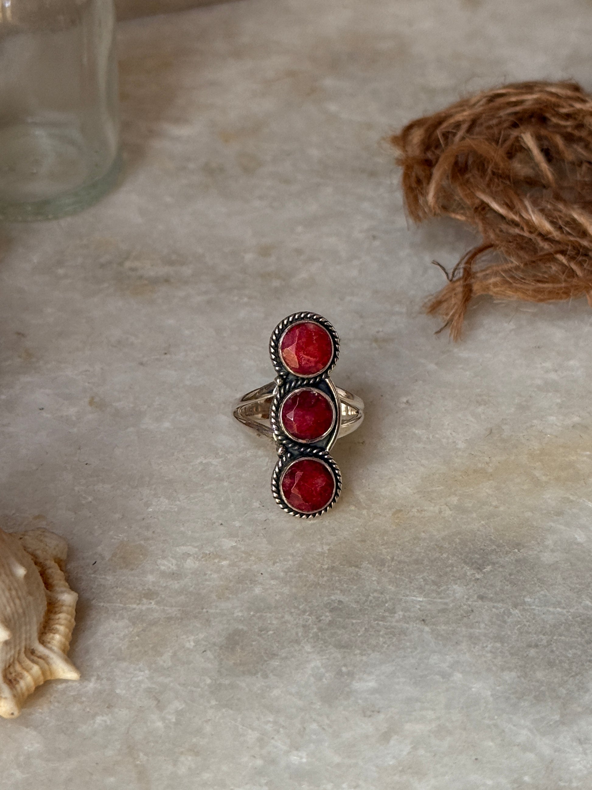 handcrafted 925 sterling silver dyed ruby 3 stone ring  