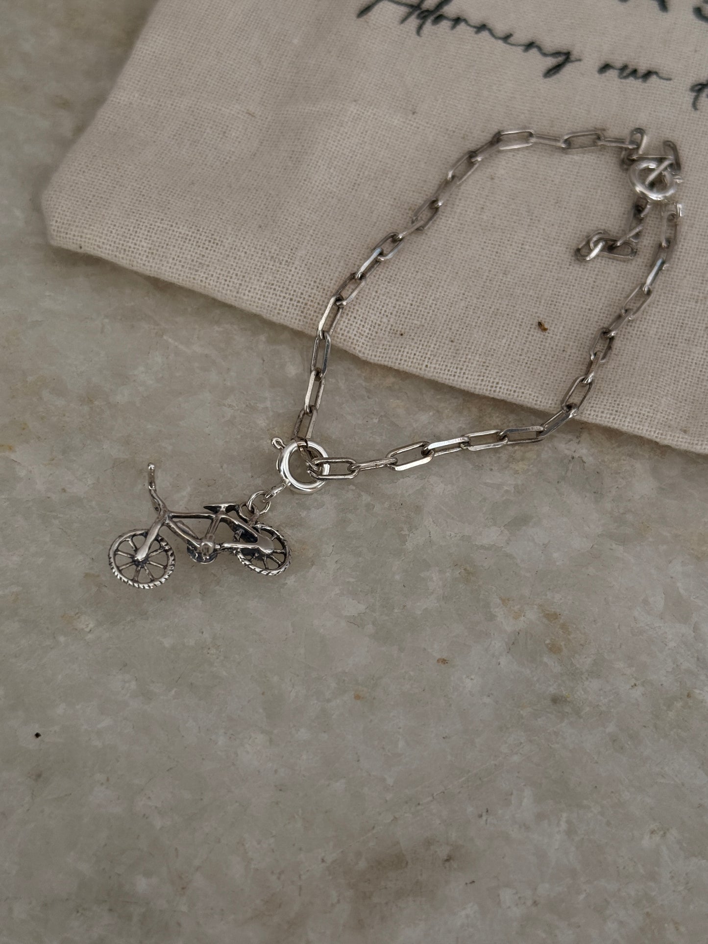 Handcrafted 925 sterling silver bicycle charm paper clip bracelet