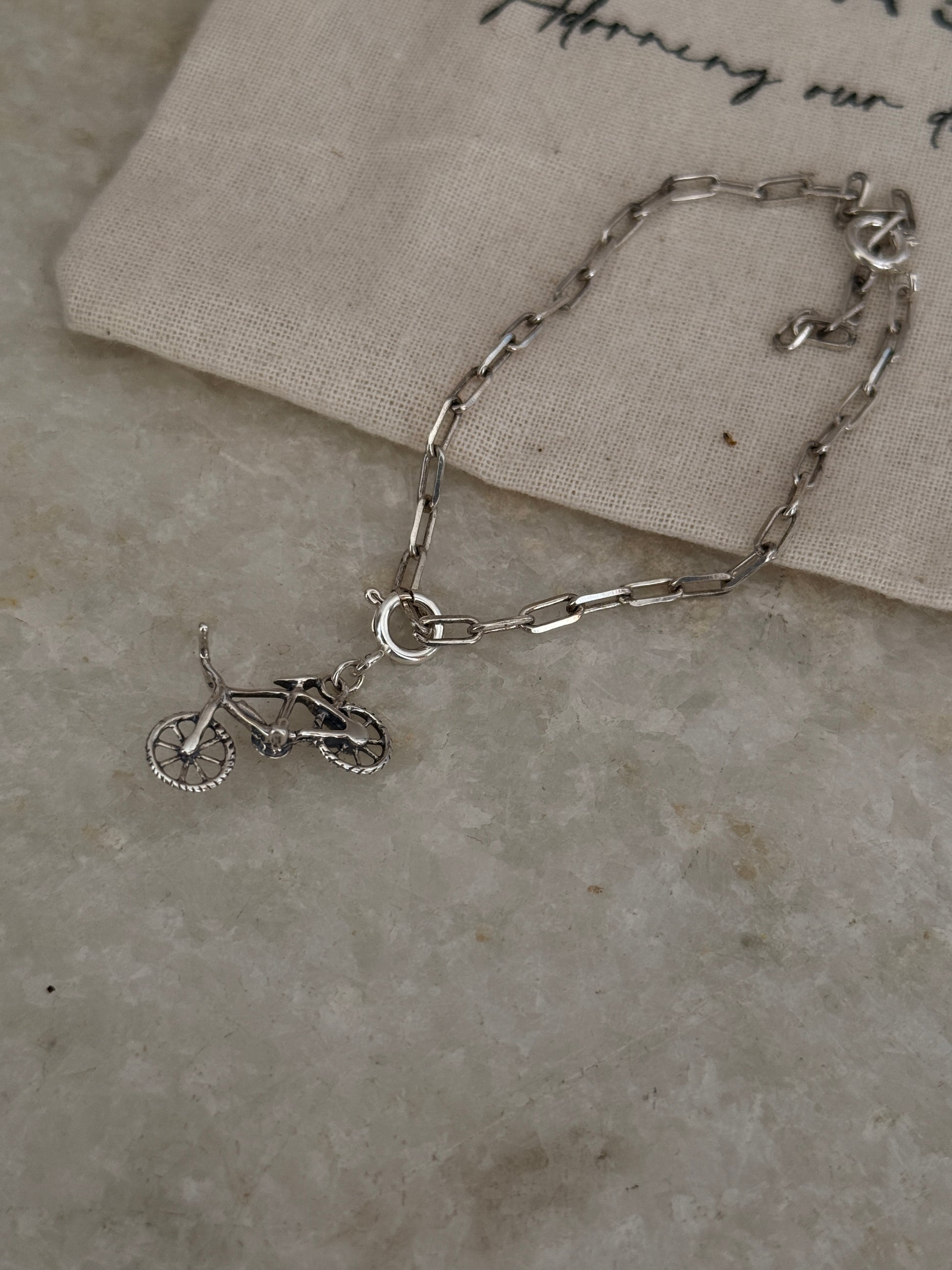 Handcrafted 925 sterling silver bicycle charm paper clip bracelet