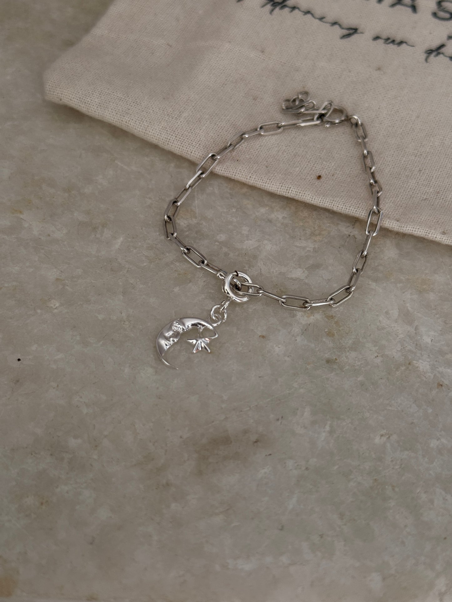 Handcrafted 925 sterling silver moon and star paper clip bracelet