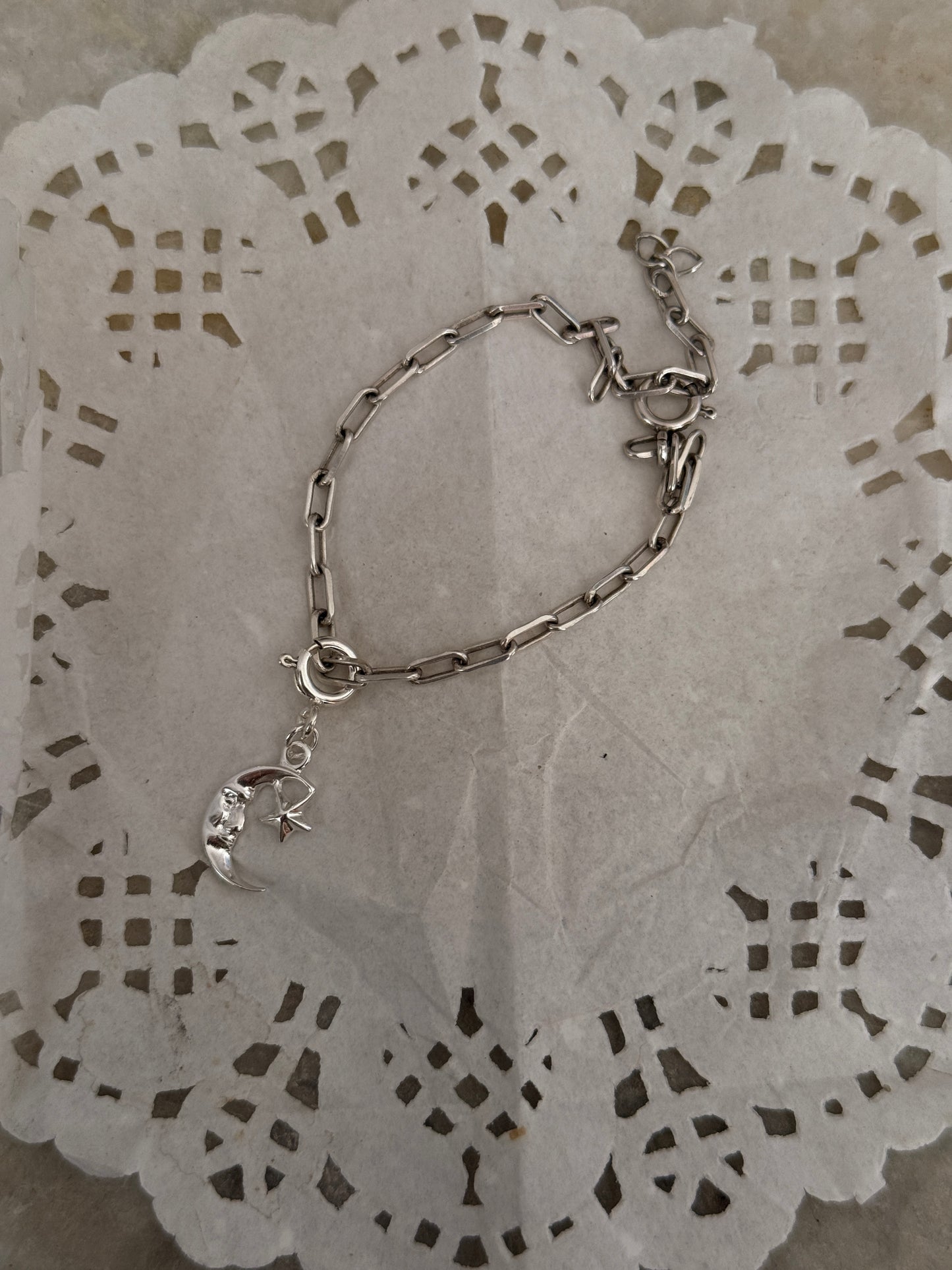 925 Sterling silver moon star charm bracelet with paper clip chain