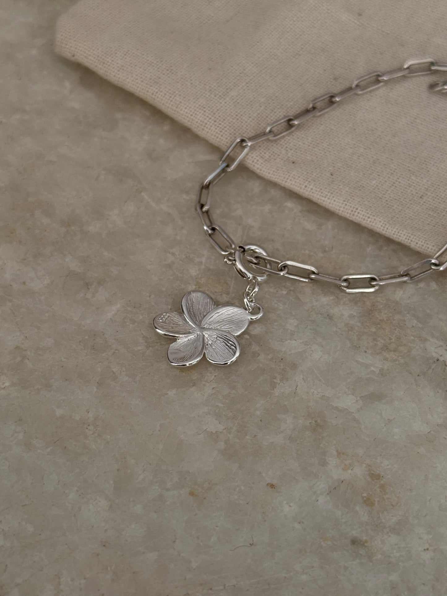 Handcrafted 925 sterling silver plumeria flower charm paper clip bracelet